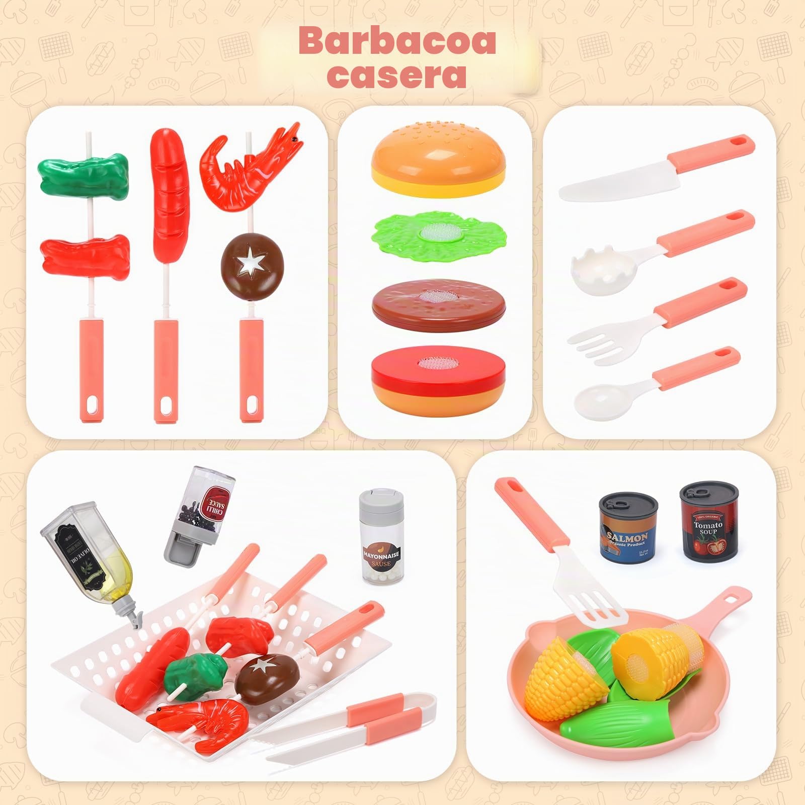 CUTE STONE Barbacoa de Juguete para niños con Comida Que Cambia de Color, Vapor, Sonidos y Luces – Juego de Cocina al Aire Libre con sartén, con Ruedas para fácil Transporte