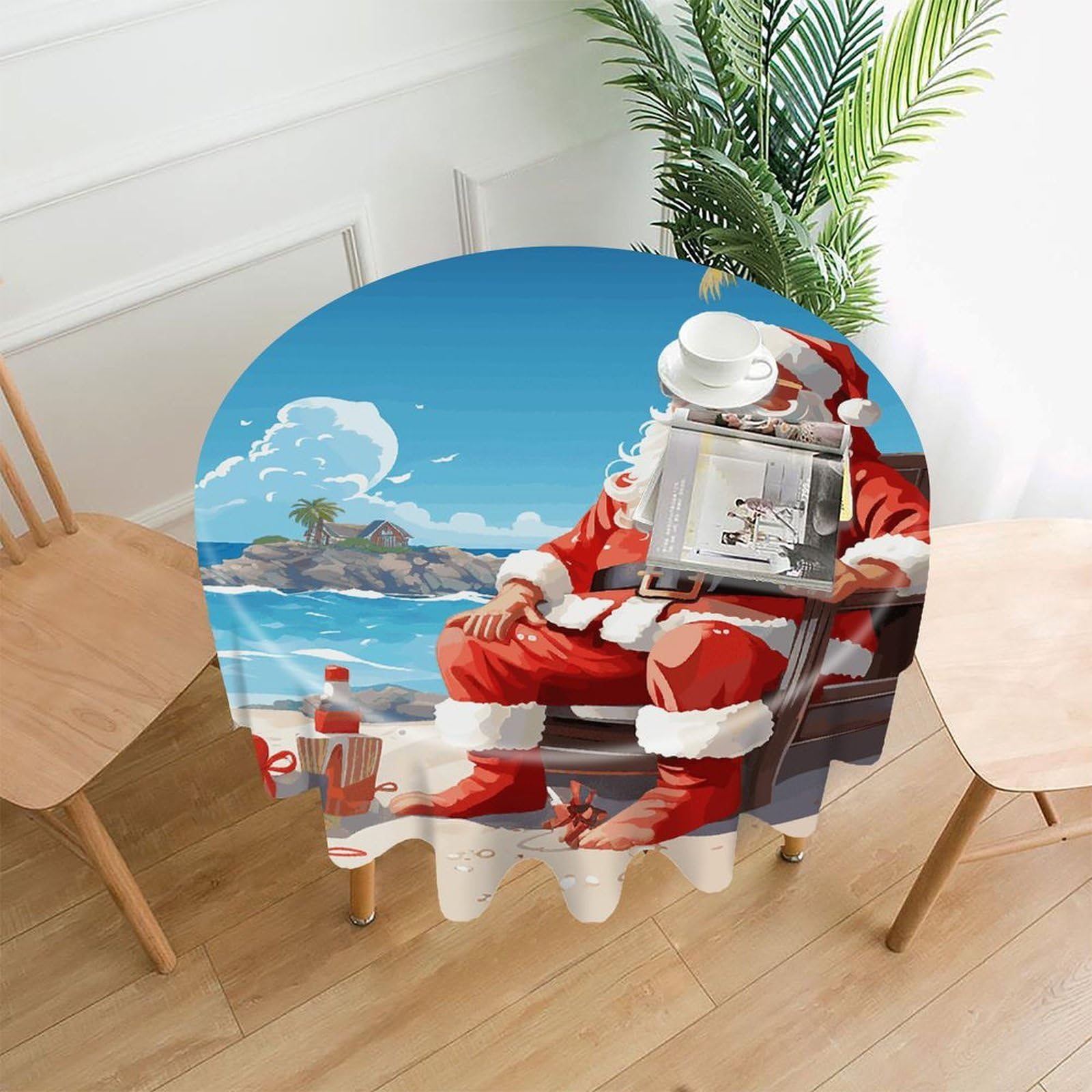 FodPand Santa Claus at Beach Round Tablecloth - 60 Inch Premium Polyester Table Cloth, Fashion Wrinkle Resistant Decorative Table Cover for Dining Kitchen Party Buffet Tables
