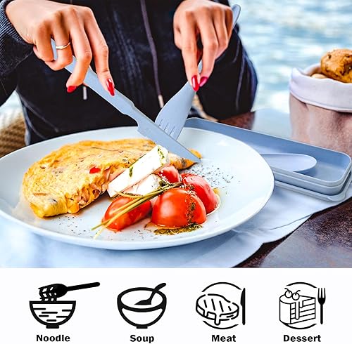 Miniatura 3 de Lnrkai Juego de utensilios grandes para camping, 4 juegos de utensilios reutilizables con estuche, juego de cubiertos de plástico para viaje con