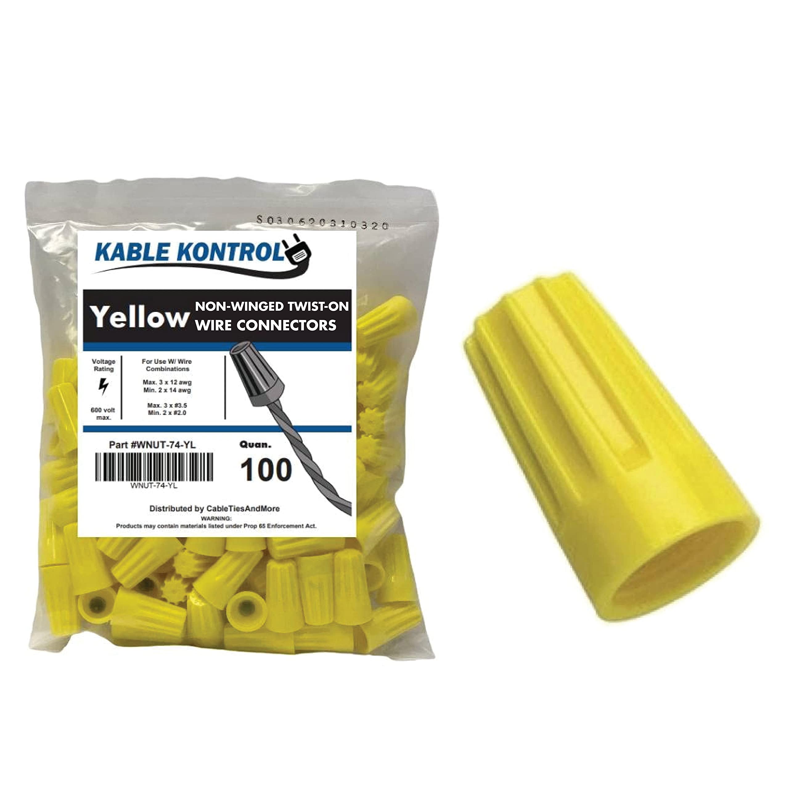 Kable Kontrol Wire Connectors for Electrical Wires 20-12 AWG - 100 Pcs - Non-Winged Wire Caps Screw Terminals Twist fits Wire – Yellow