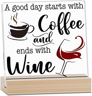 Coffee Bar Acrylic Decor Sign With Wood Stand, A Good Day Starts With Coffee And Ends With Wine Sign For Farmhouse Home Kitchen Bar Shelf Table, Gifts For Family Friend Coworker, A01
