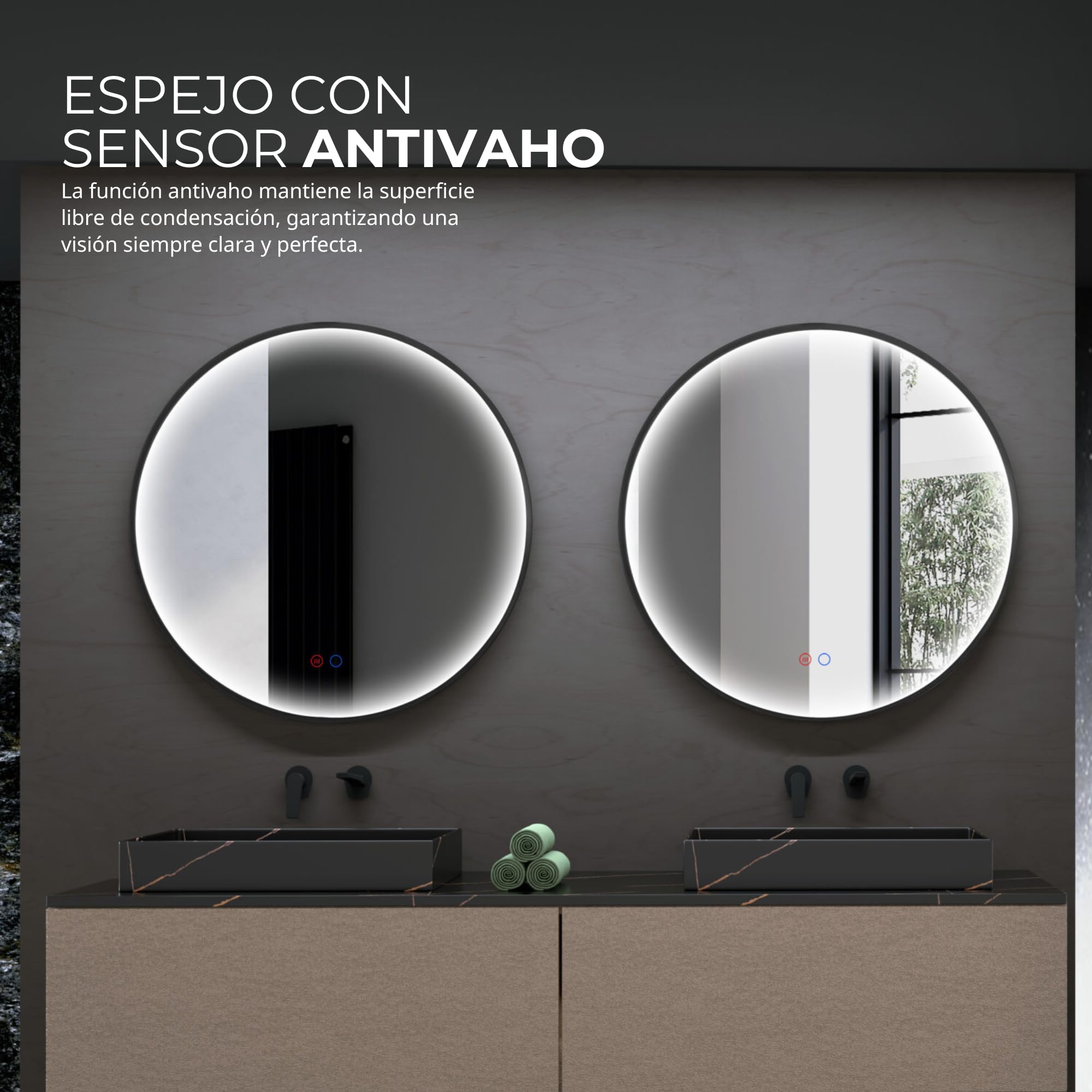 LEDIMEX - Espejo Redondo Baño con Luz LED 100cm, Sensor Antivaho y Marco Negro Mate | Espejo Inteligente Pared con Luz Perimetral Tri-LED (Cálida, Neutra y Fría) y Sensor ON/OFF | Serie Nepal