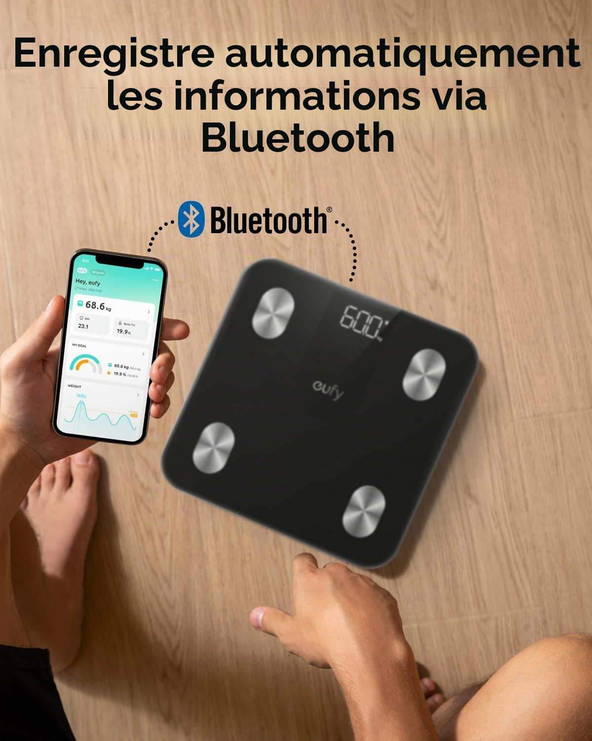 eufy Pèse-personne numérique avec Bluetooth, balance de graisse corporelle, 12 mesures, poids/graisse corporelle/IMC, analyse de la composition corporelle, noir, lbs/kg, Smart Scales A1