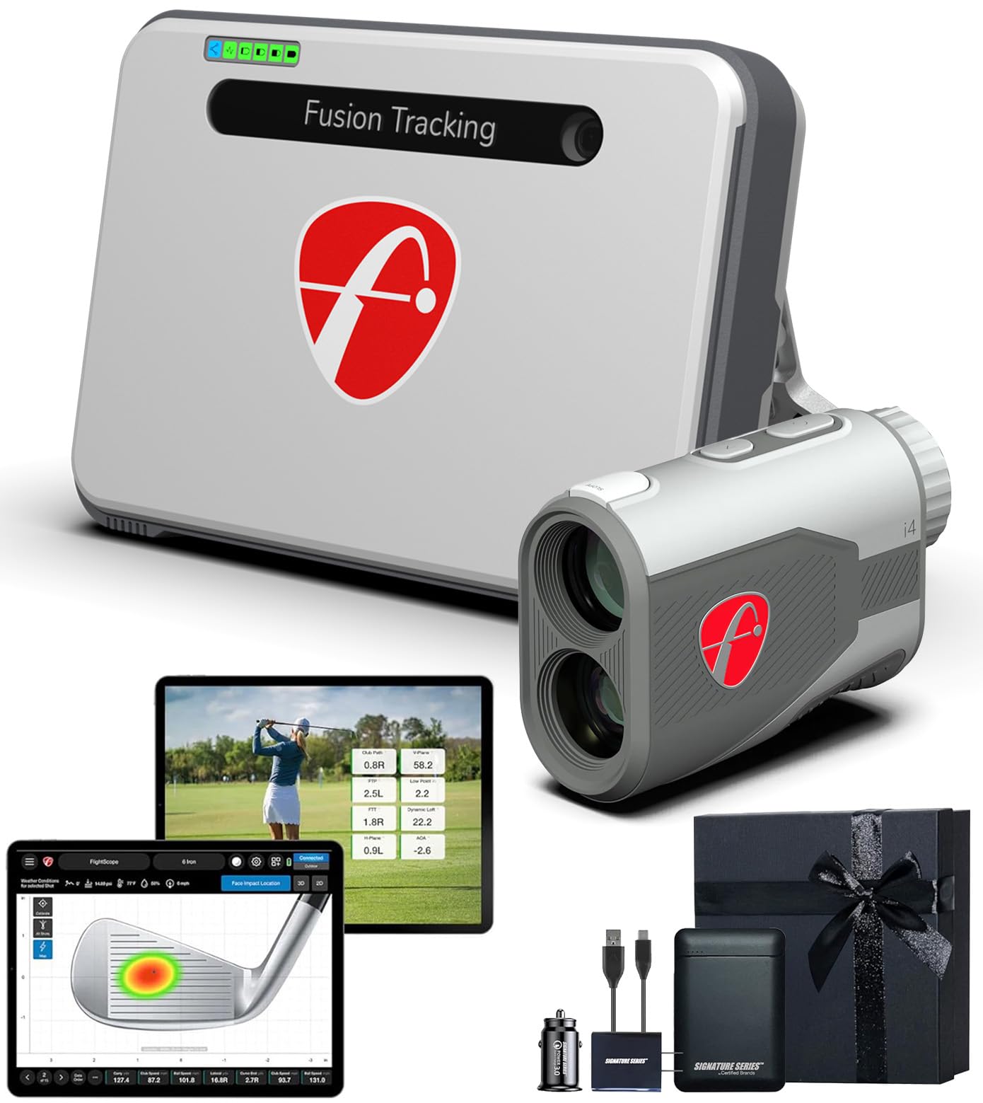 FlightScope Mevo+ GPS Golf Launch Monitor and Simulator with Pro Package &amp; Face Impact | 60 Swing Data Parameters, 12 E6 Courses with i4 Rangefinder, 1,000 Yard Range | Signature Series Gift Bundle