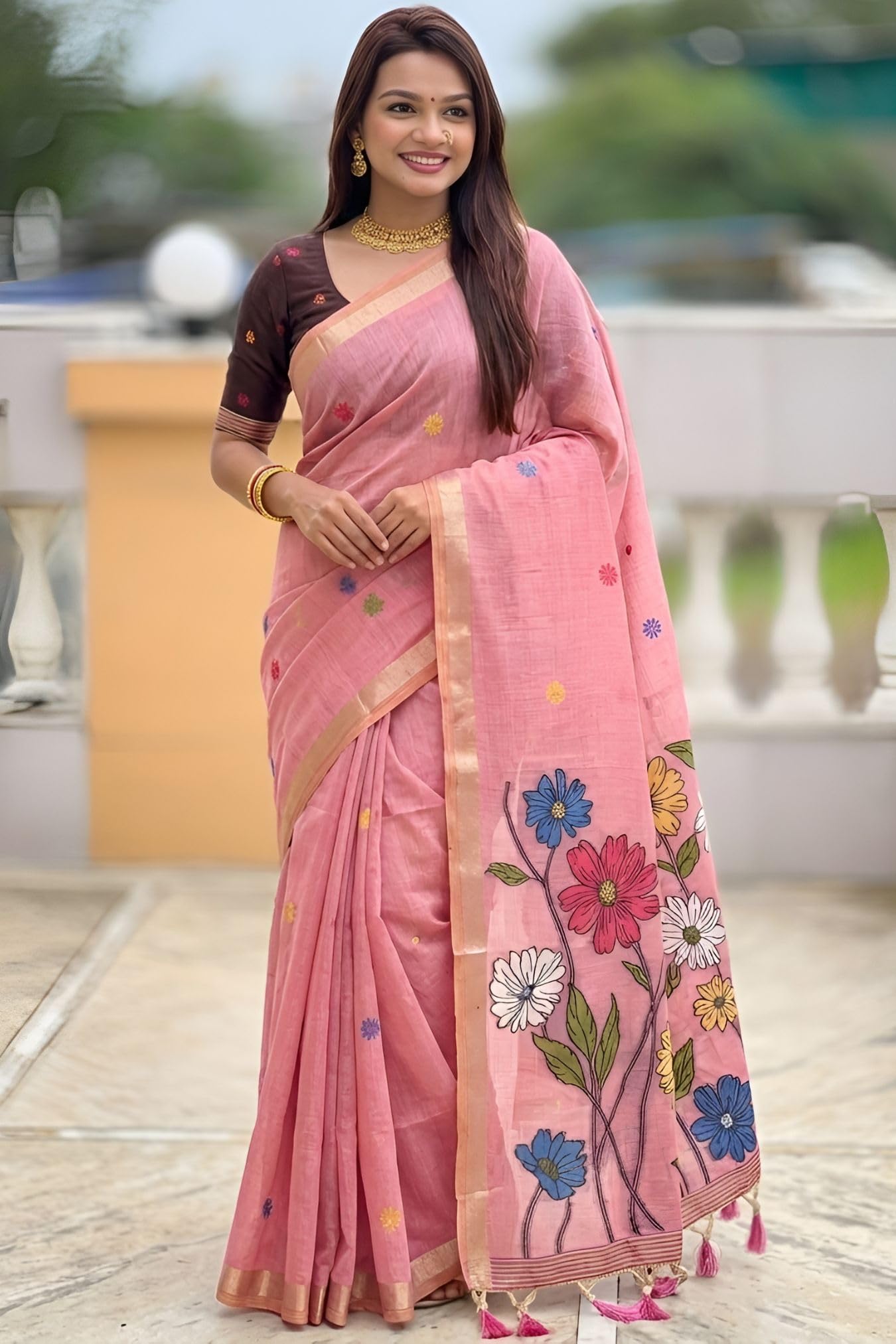 SGF11 Women's Soft Cotton Linen Silk Saree With Blouse Piece