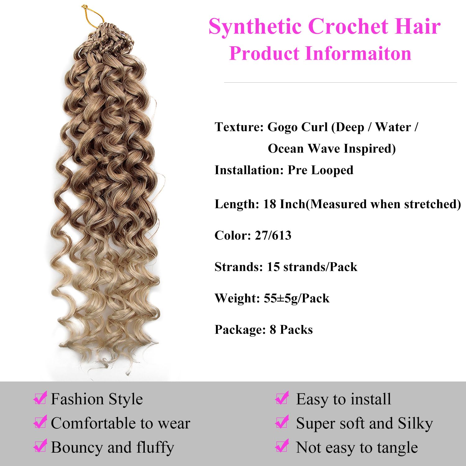 Pre Looped GoGo Curl Crochet Hair, 18 Inch, 8 Packs, 27/613 | Curly Crochet Hair for Black Women, Prelooped Deep Wave, Synthetic Water Wave Braids, Bohemian Braiding Hair