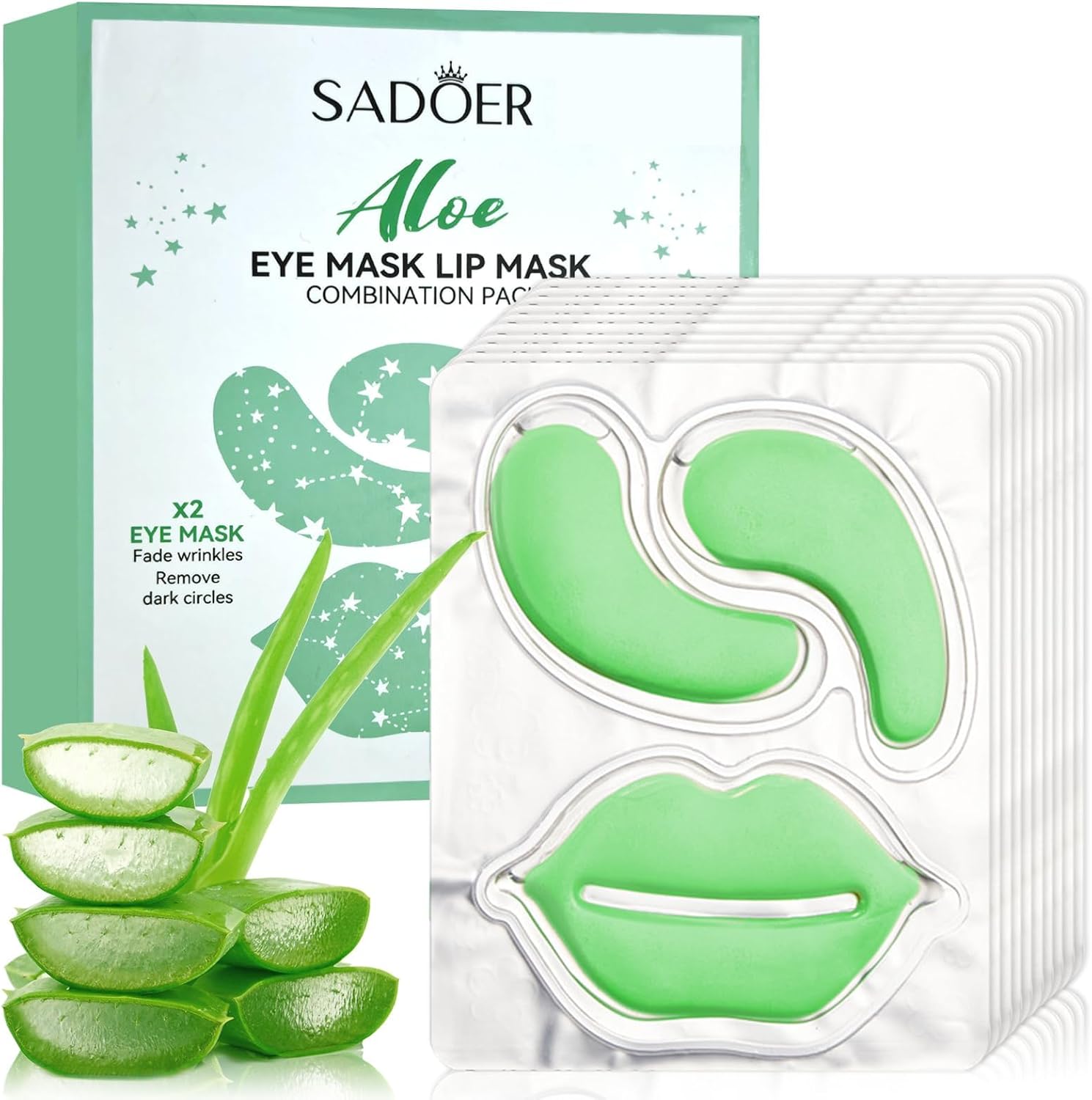 Aloe Vera Eye Pads and Lip Mask, with Hyaluronic Acid and Aloe Vera Extract, Lip Care, Eye Pads Against Dark Circles, Wrinkles, Under Eyes, Anti-Aging, Swelling Aloe Vera Eye Pads and Lip Mask, with Hyaluronic Acid and Aloe Vera Extract, Lip Care, Eye Pads Against Dark Circles, Wrinkles, Under Eyes, Anti-Aging, Swelling