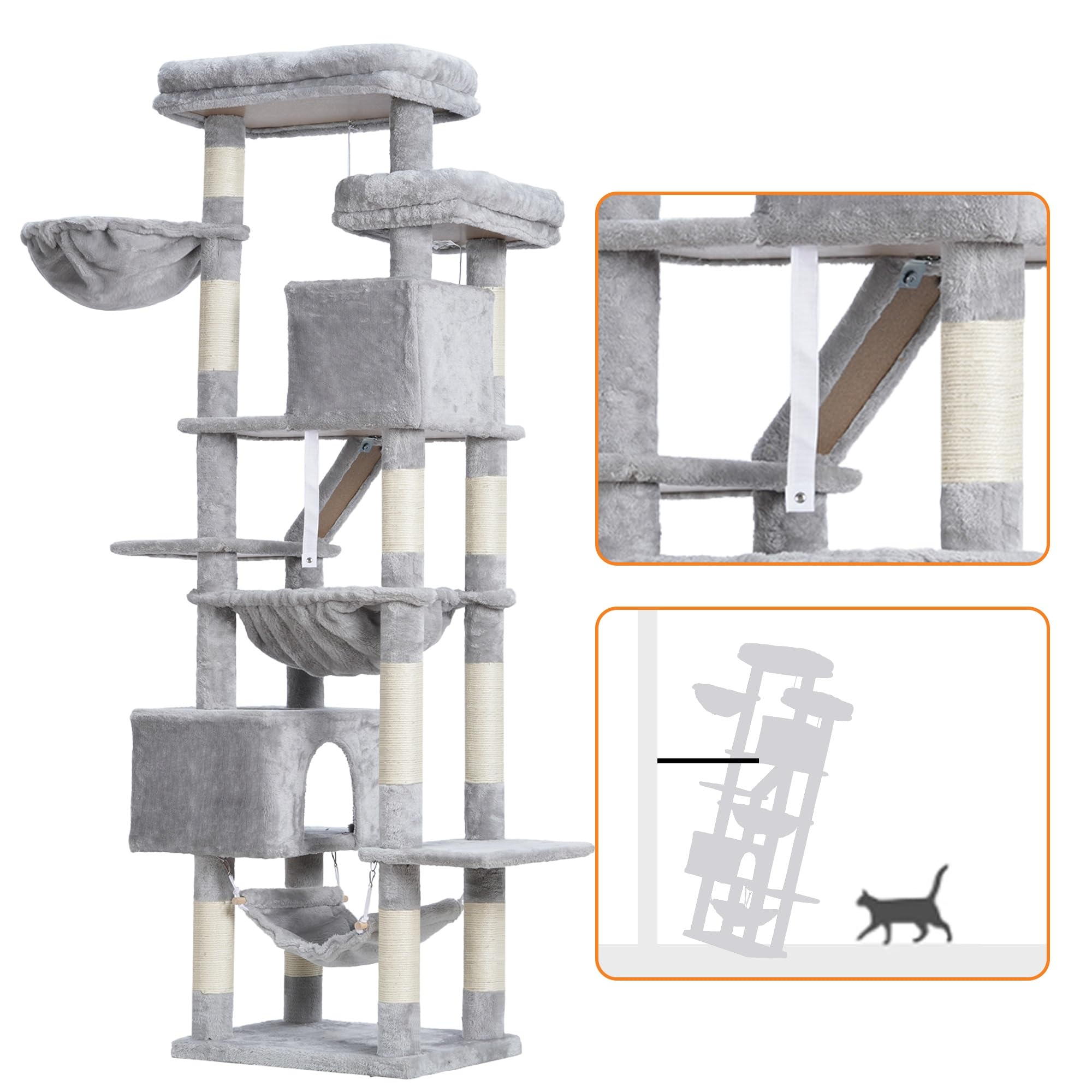 Heybly Rascador para Gatos, Torre De 180 cm, 2 Plataformas, 2 Cabañas, 2 Hamacas, Panel para Arañar. Gran Mueble para Gatos con Espacio De Dormir, Gris Claro HCT034W