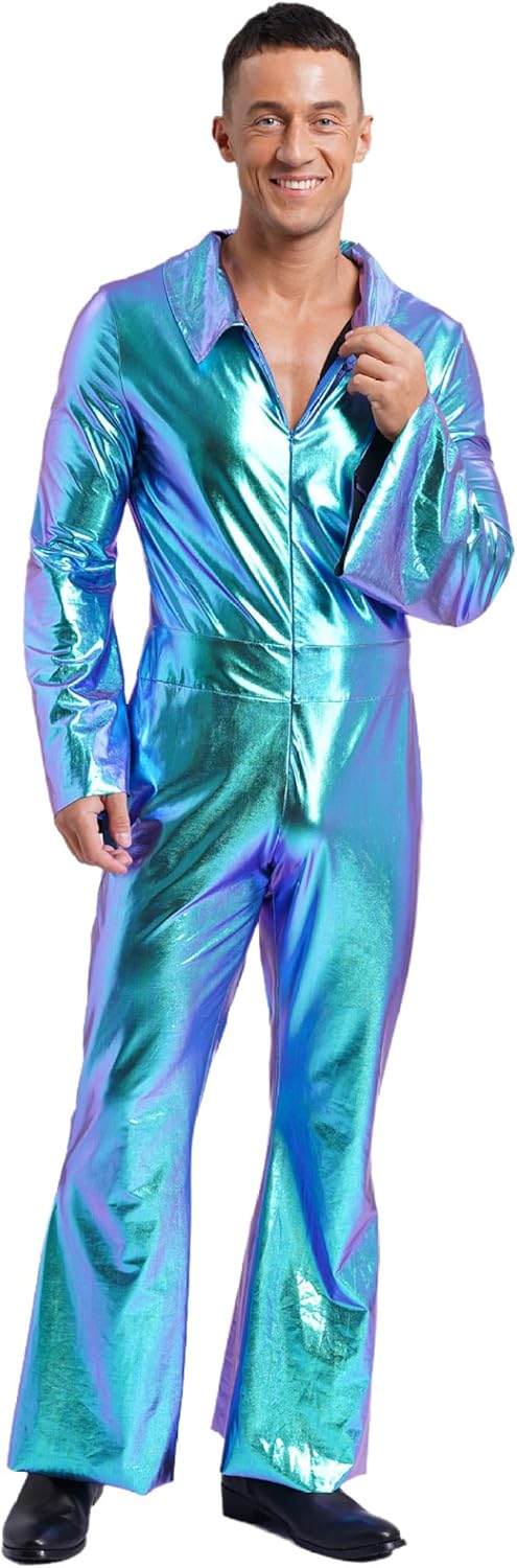 Mens One Piece Shiny Metallic Disco Jumpsuit 70s 80s Hippies Dance Costume Music Party Rompers