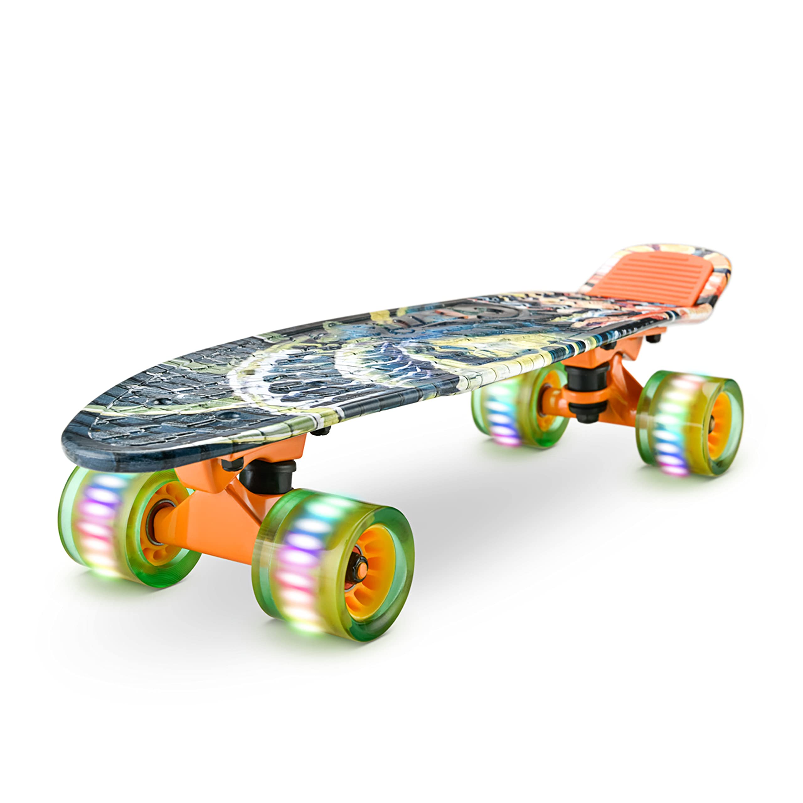 Standard Skateboard Mini Cruiser - 6'' PP Deck Complete Double Kick Skate Board w/ 3.25" Aluminum Alloy Truck, PU Wheels w/LED Light - for Kids, Teens, Adults (Graffiti)