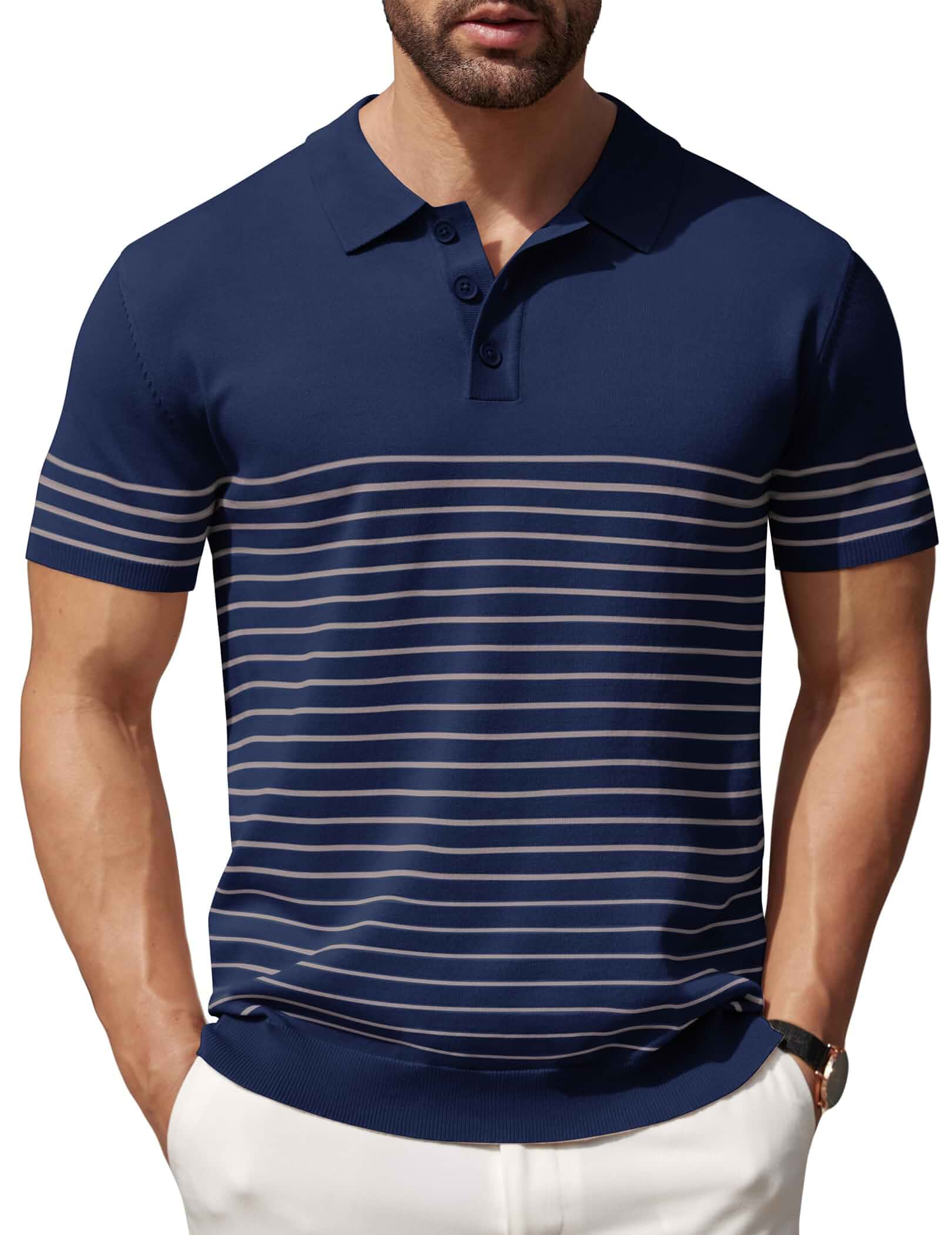 COOFANDY Men's Short Sleeve Polo Shirts Vintage Knitted Shirt Casual Button Down Golf Shirts Striped