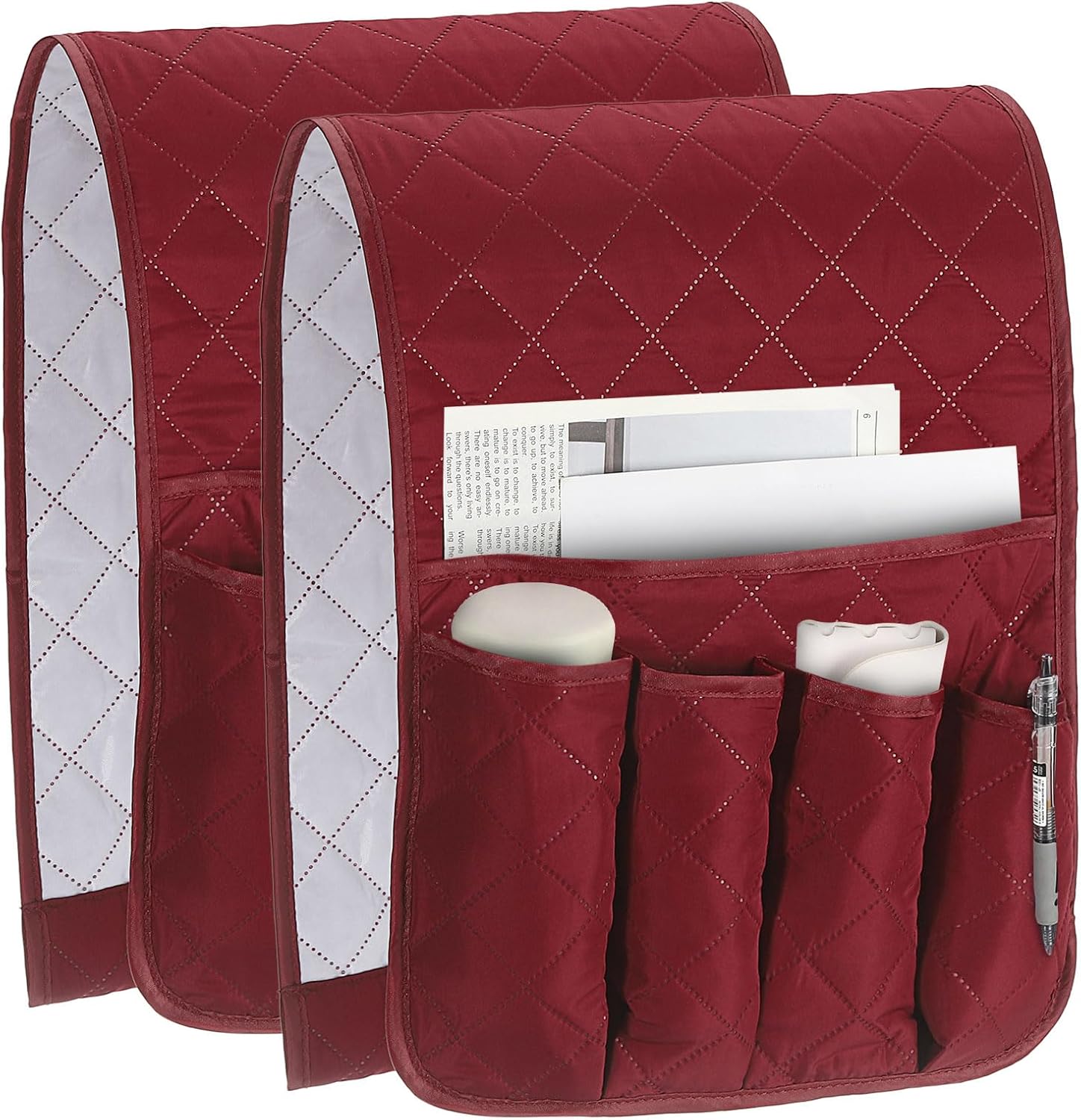 uxcell 2 Pcs Recliner Armchair Caddy, Couch Armrest Organizer with 5 Pockets for Bedside Sofa Remote Control Holder Magazine Phone Book Glasses (Wine Red, 35"x13")