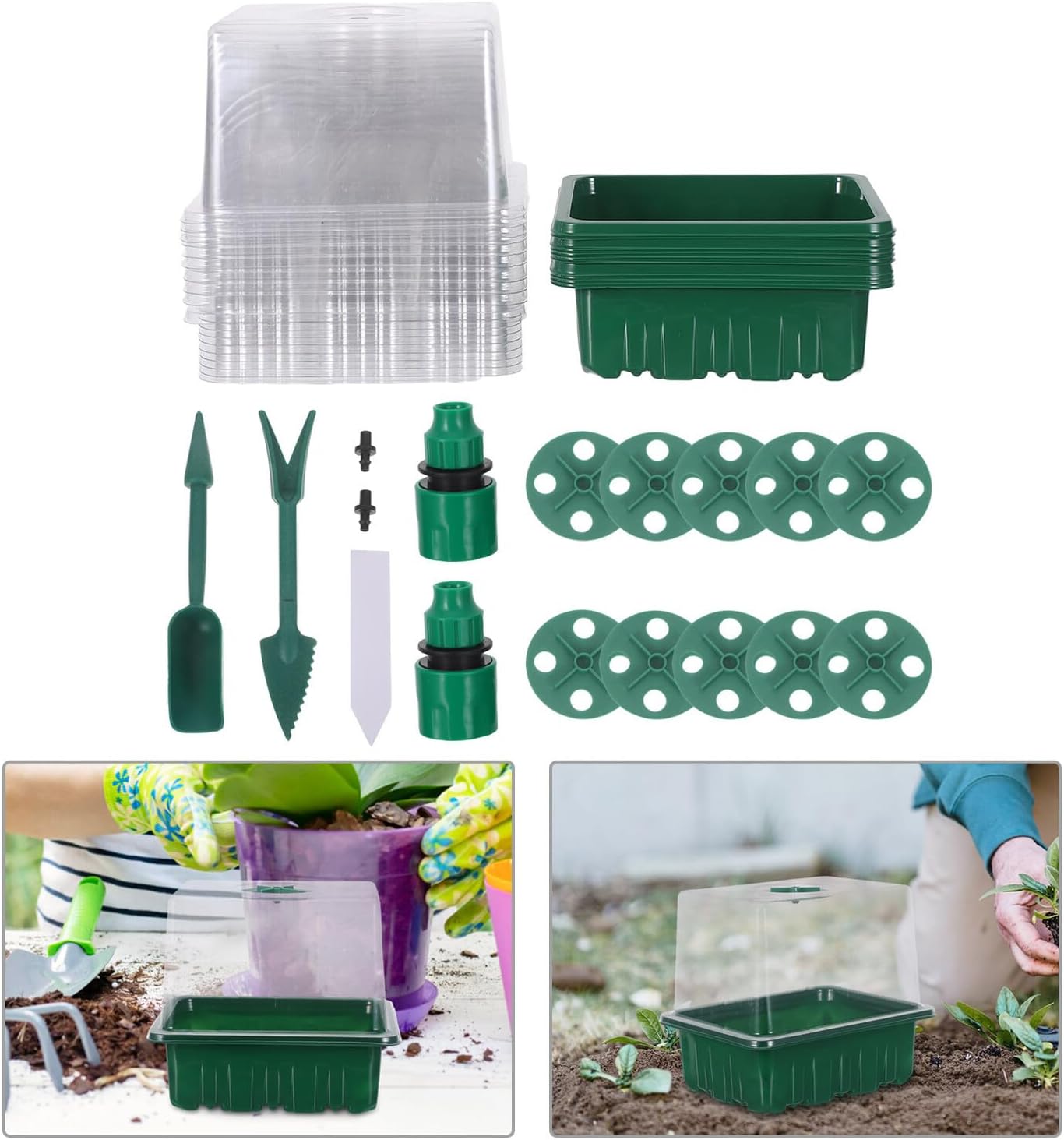 Breathable Seed Propagation Tray Gardening Starter Kit with 6 Elevated Green Cells, 10pcs Seedling Germination Boxes with 2 Accessories and 10 Plant Labels for Indoor Greenhouse
