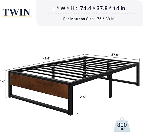 Miniatura 2 de Allewie Base de cama de plataforma de metal de 14 pulgadas, base de colchón con soporte de listones de metal, no necesita somier, fácil montaje,