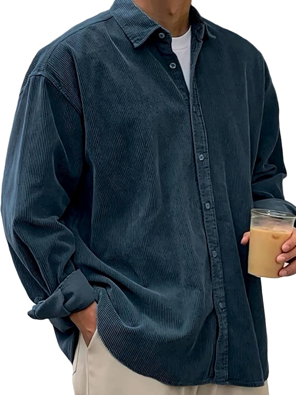 LOVESHOOT Fall Shirts for Men Casual Corduroy Jacket Button Down Long Sleeve Overshirt Loose Stylish Solid Color Shackets