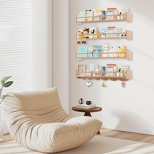 Miniatura 7 de Estantes para libros de guardería de 34 pulgadas montados en la pared, estante flotante para libros para niños con 6 ganchos, estante colgante de