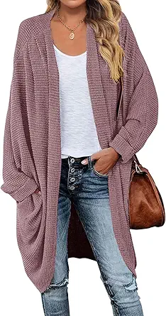 ZESICA Women's 2023 Fall Casual Waffle Knit Solid Color Long Batwing Sleeve Oversized Open Front Sweater Cardigan Coat