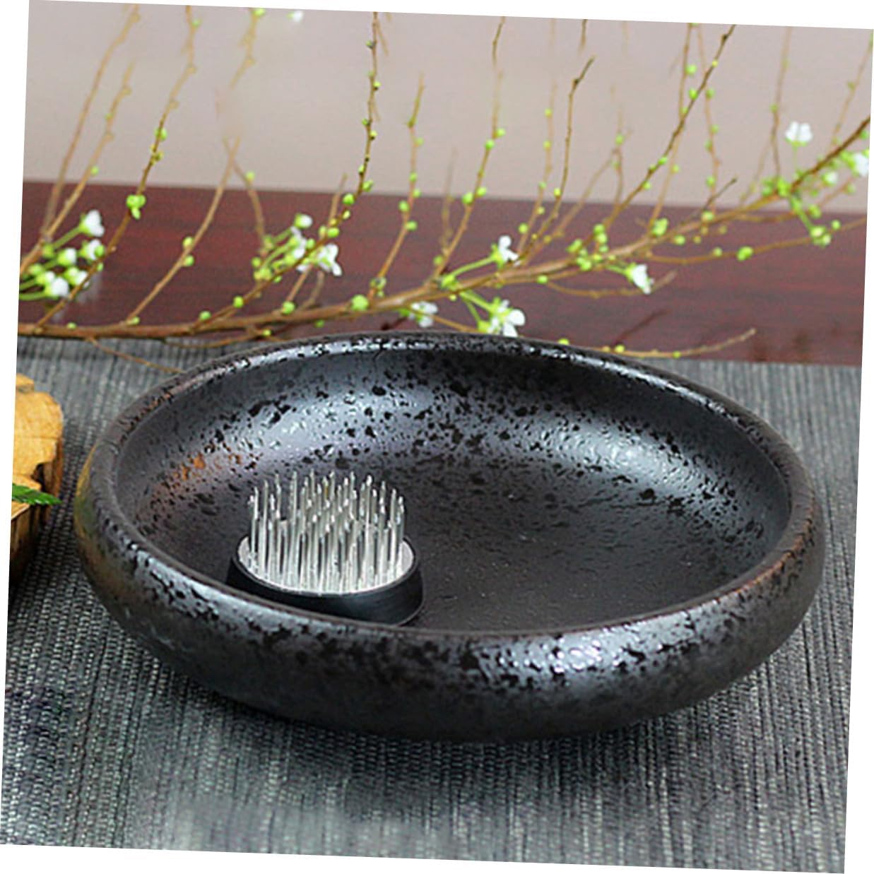 UTHCLO Ceramic Flower Frog Floral Arrangement Holder with Round Vase Pot Pin Base for Stable Japanese Ikebana Style Flower Arranging Medium Zen Design
