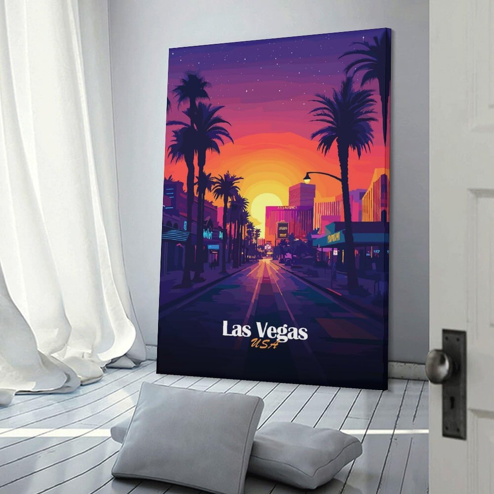 Junmoney Hanging Wall Art Las Vegas Sunset Cityscape, 24x36inch(60x90cm), for Wall Displays, Bedrooms Or Room Updates, Wall Decor Suited to Curated Displays