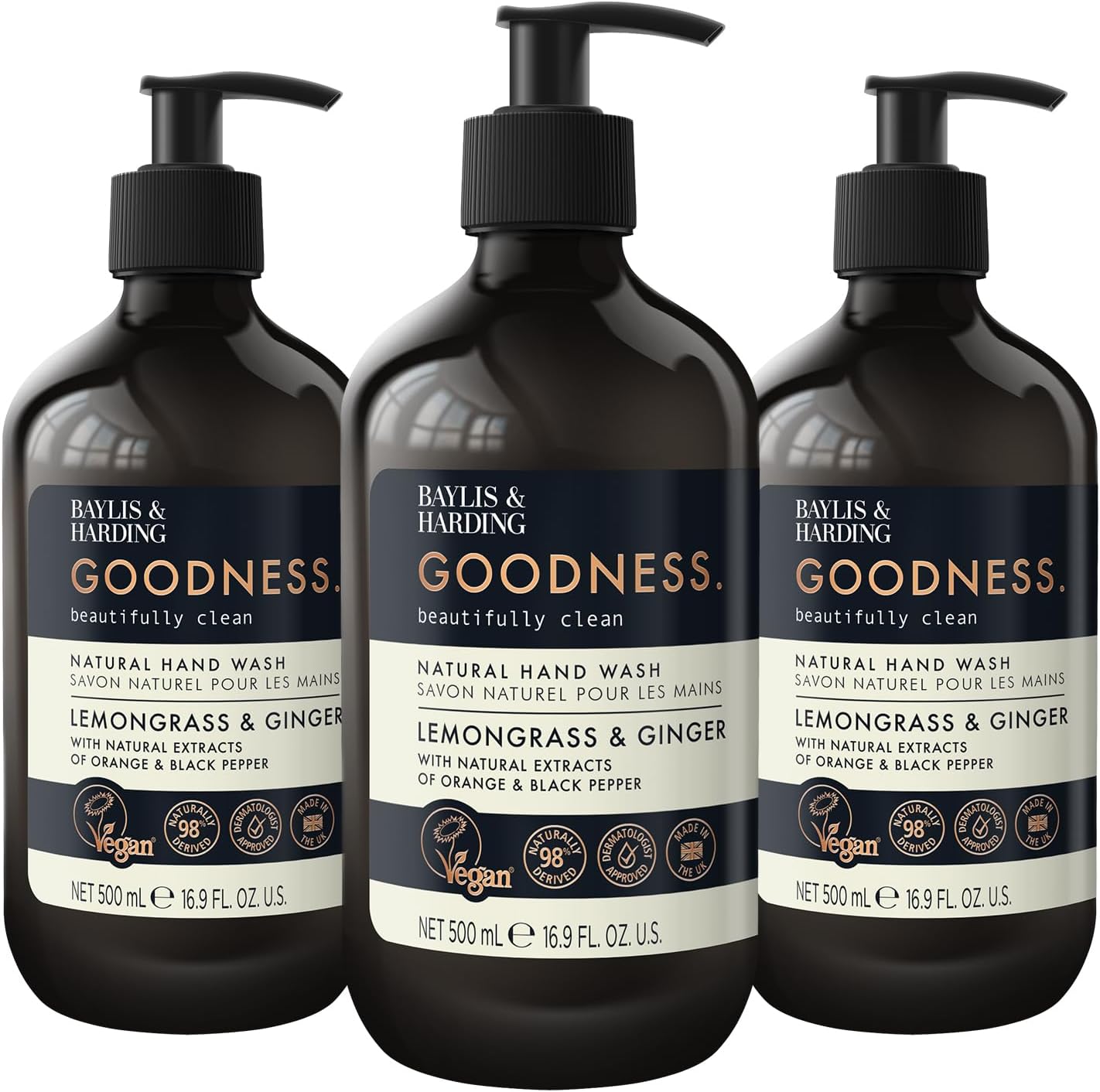 Goodness Lemongrass & Ginger Hand Wash, 500 ml (Pack of 3) - Vegan Friendly