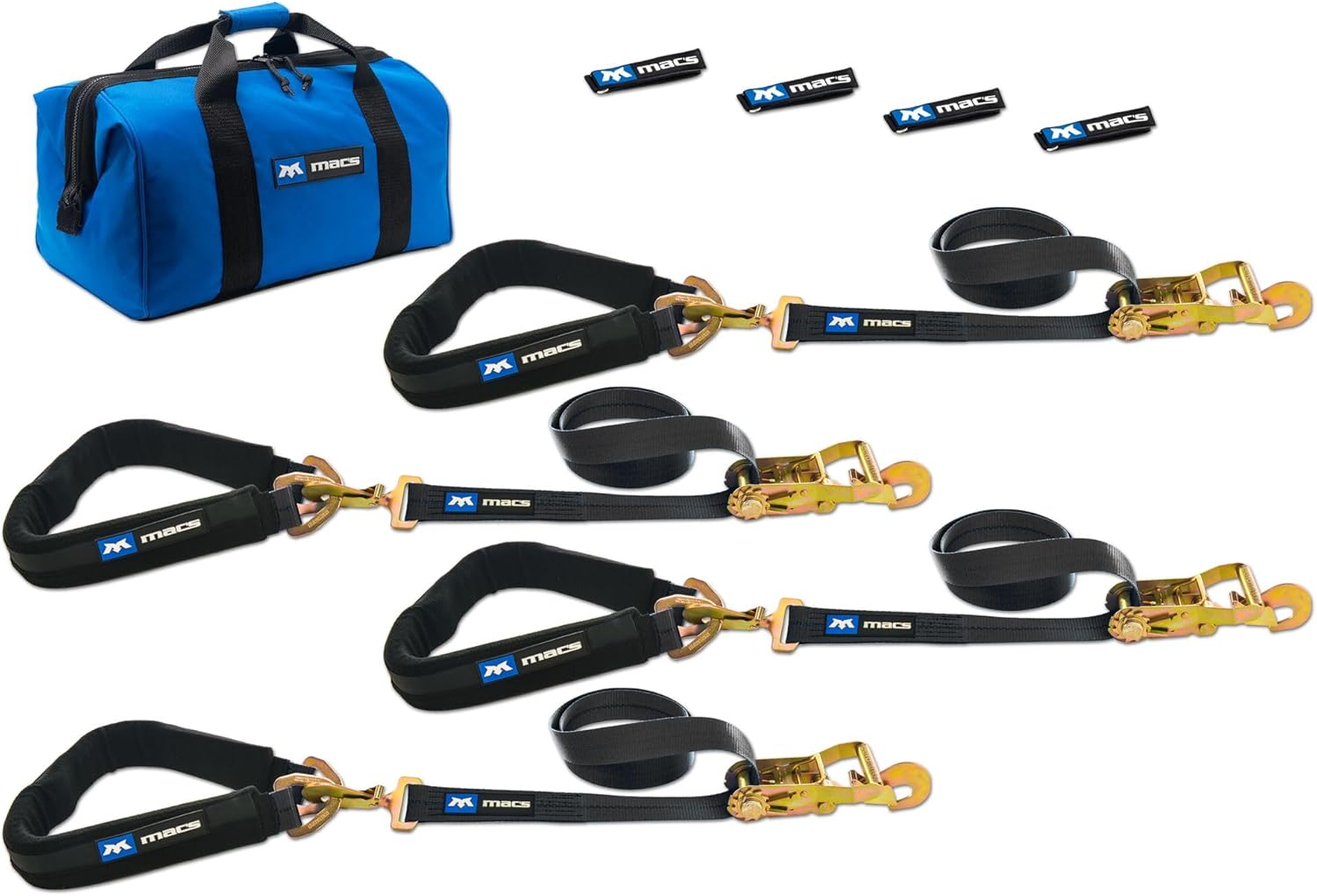 Mac's Tie-Downs 511658 Automotive Pro Strap Kit (4 Pack) - Black, 10,000 lbs Break Strength 2" W x 8' L with Direct Hook End, 40" Axle Strap, Fleece Sleeve, Wrap, Canvas Storage Bag