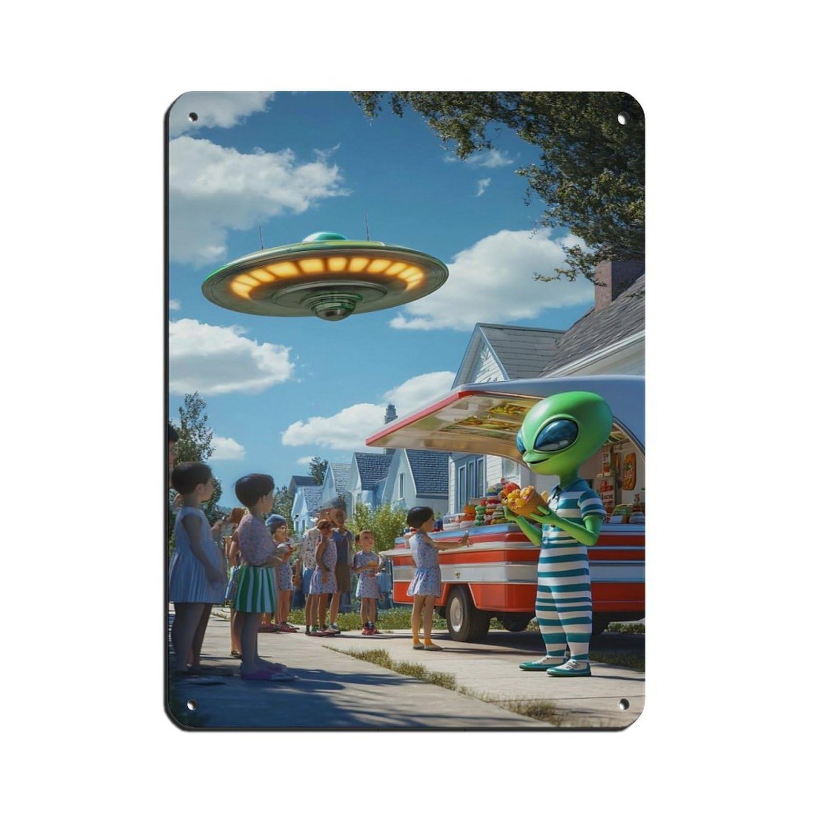 Lxwnze 30L X 40W Cm Alien Ice Cream Truck, Ufo And Alien Tin Sign Vintage Metal Pub Club Cafe Bar Home Wall Art Decoration Poster Retro 12X16inch(30X40cm)