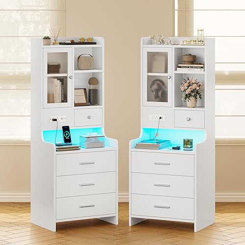 Miniatura 8 de ADORNEVE - Mesita de noche alta con estación de carga y luces LED, mesita de noche de 49.2" con estantería, mesa de noche blanca con cajones, mesa