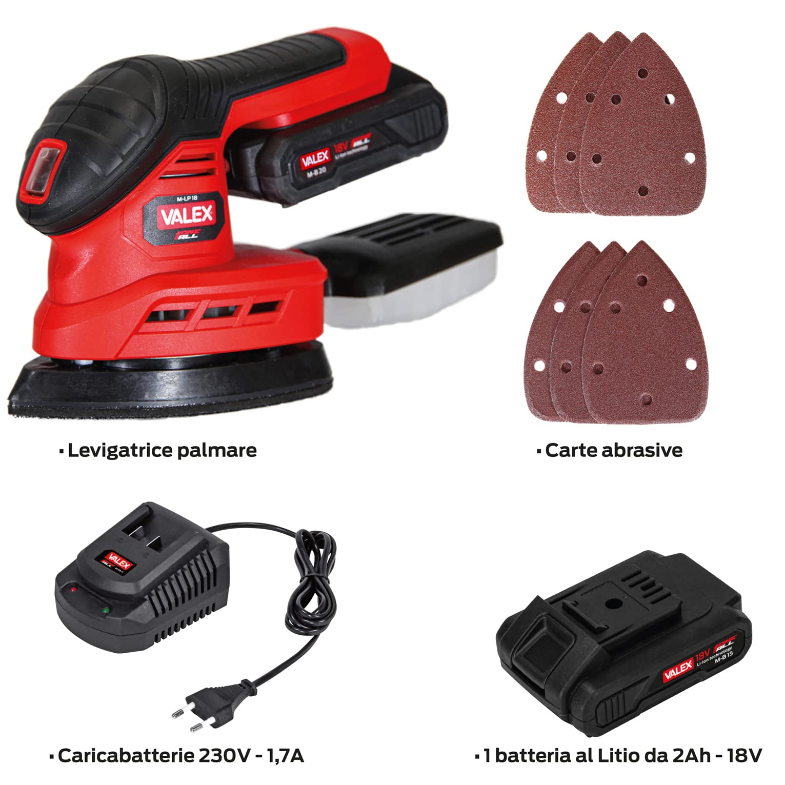 Valex M-LP18 Levigatrice Palmare a Batteria OneAll 18V in Kit con Batteria 2Ah e Caricabatterie 1,7A, 6 Fogli Abrasivi inclusi.