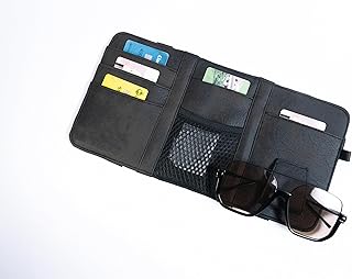 Leather Car Visor Organizer – PU Leather Sun Visor Storage with Card Slots, Mesh Pocket, Magnetic Sunglasses Clip, and Pen Holder – Universal Fit for Cars and SUV (Black)