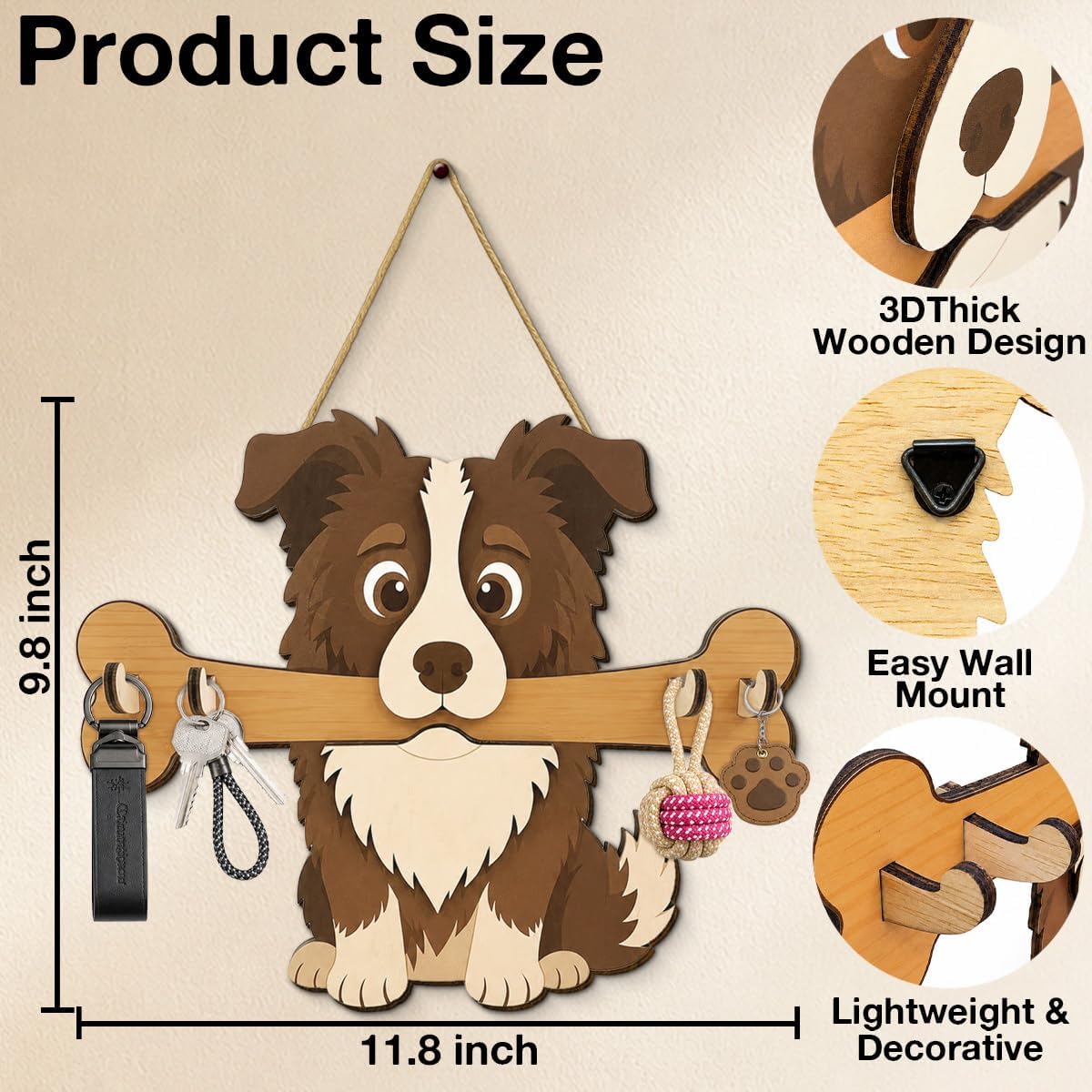 Dog Leash Holder for Wall, Key Holder Wall Mount with 4 Keys Hooks, Puppy Key Hooks for Collars, Entryway Garage Living Room Kitchen Mudroom, Gifts for Dog Lovers