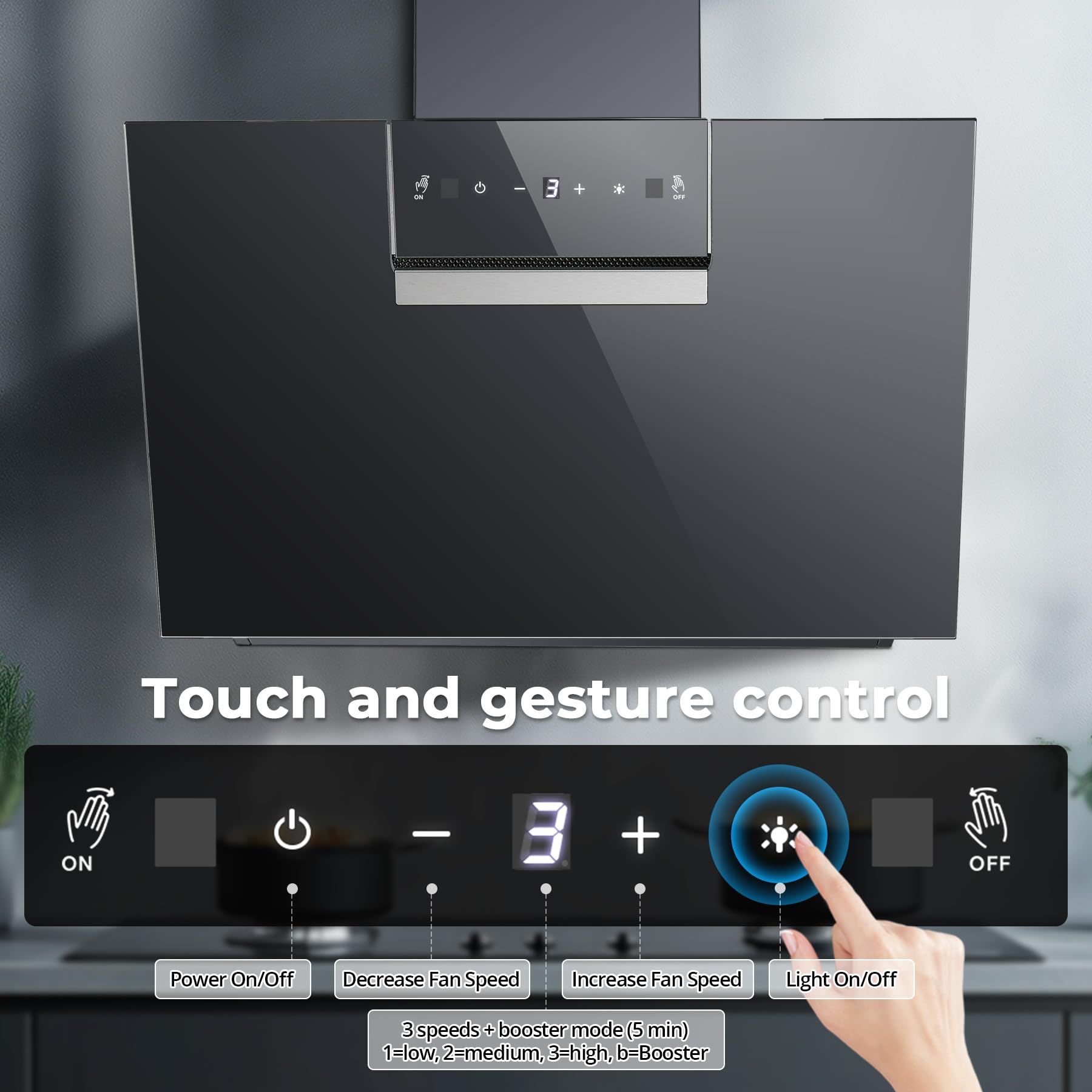 SNDOAS Cooker Hood 60cm, 800 m³/h Kitchen Extractor Fan, Recirculating & Ducting Modes with Carbon Filters, Class A+++ Extractor Hood, Black Glass Touch Control with 3 Speed + Booster — view 4
