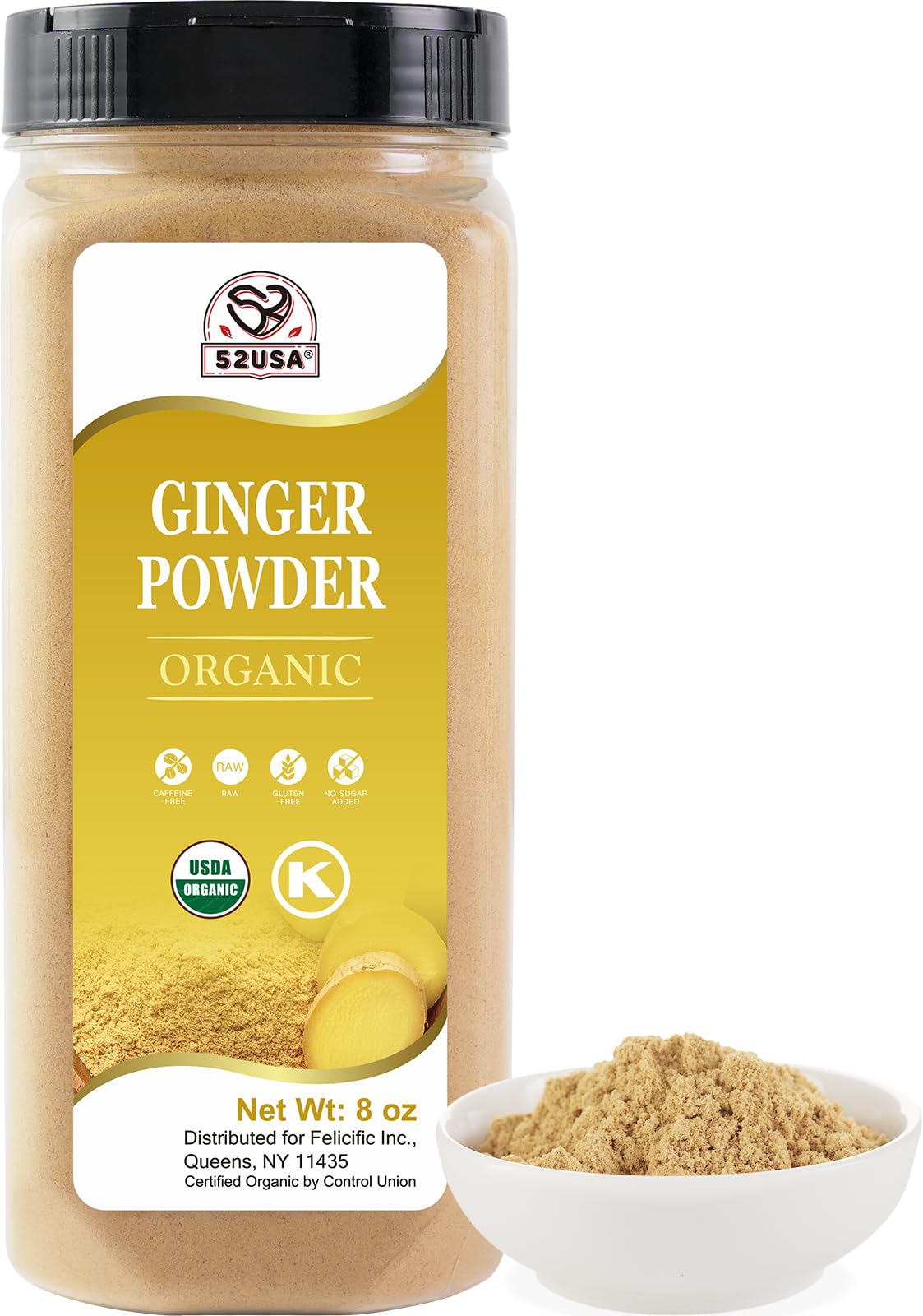 52USA Organic Ginger Powder 8oz, Finely Ground Ginger Root Powder-Premium Spice and Seasoning for Baking, Cooking & Tea, Raw, Gluten Free, Additive