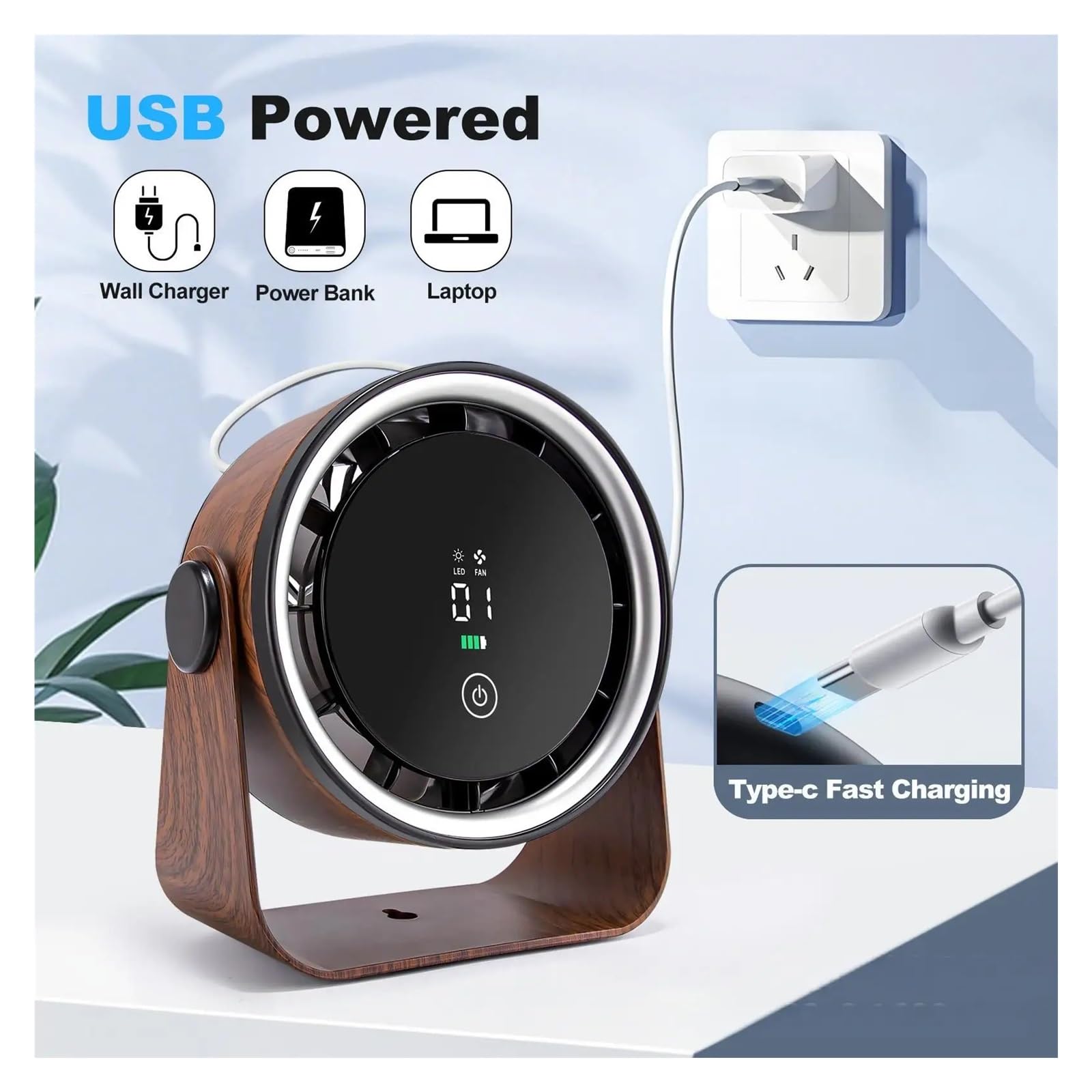 Generico Mini ventilatore ricaricabile for scrivania e parete | 5000 mAh, 5 velocità, rotazione a 360°, luce notturna, montabile a parete(Light wood grain)