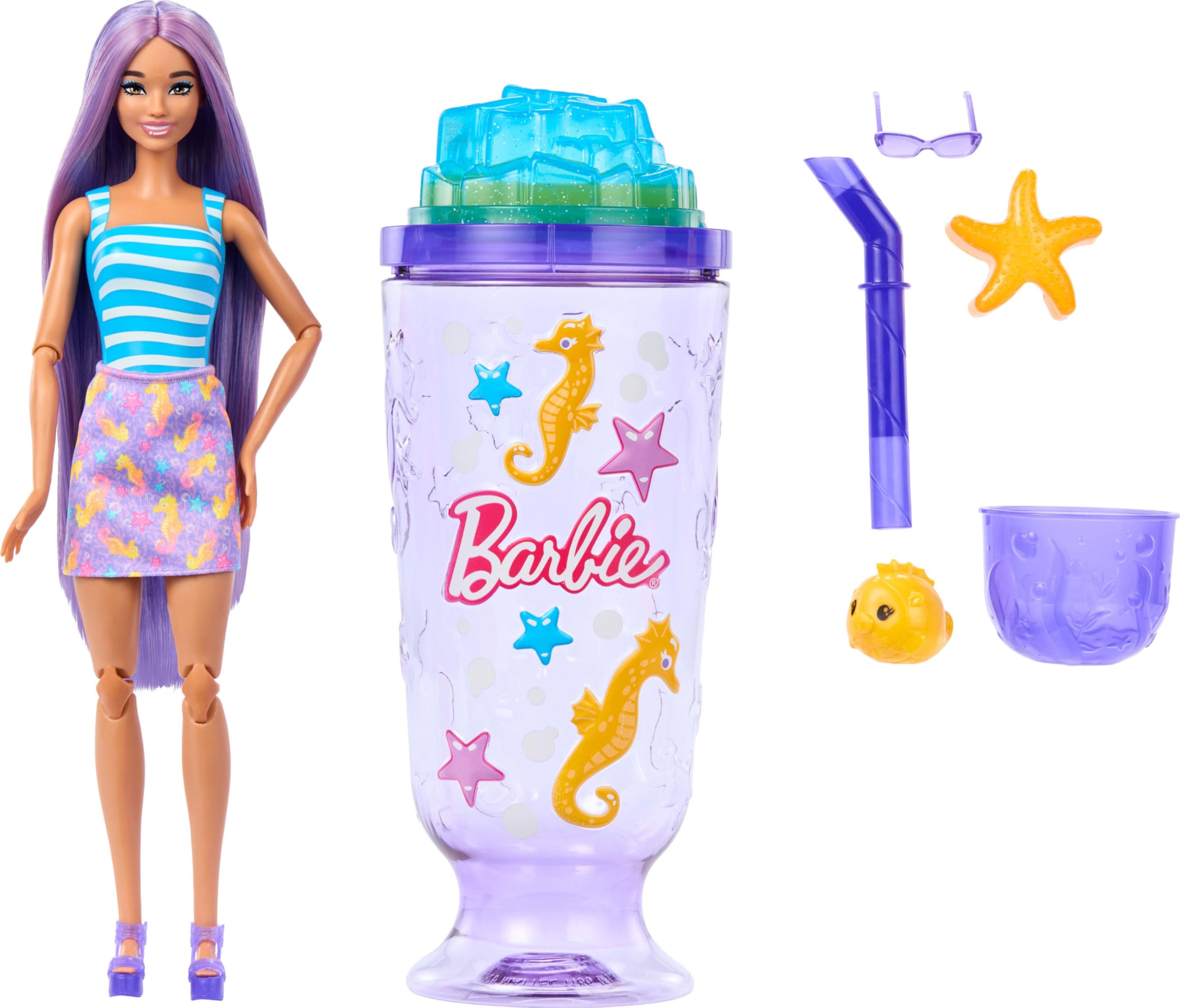 Barbie Pop Reveal Doll & Accessories, Sea Slushy Series Fashion Doll & Pet, 8 Surprises Includes Sensory Slime, and Color Change Hair​​, JKF61