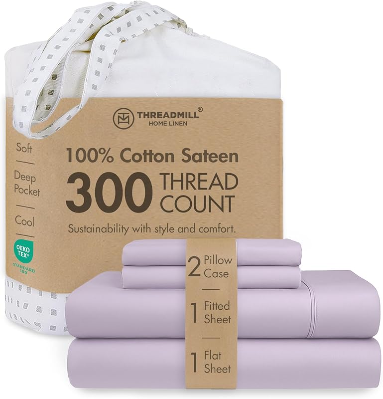 Threadmill 300 Thread Count Cotton Full Sheet Set, Sateen, Solid, Lilac | 100% Cotton, Sateen Weave, 4-Piece Set, 16" Deep Pocket, All-Around Elastic, Cooling, Breathable, OEKO-TEX Certified