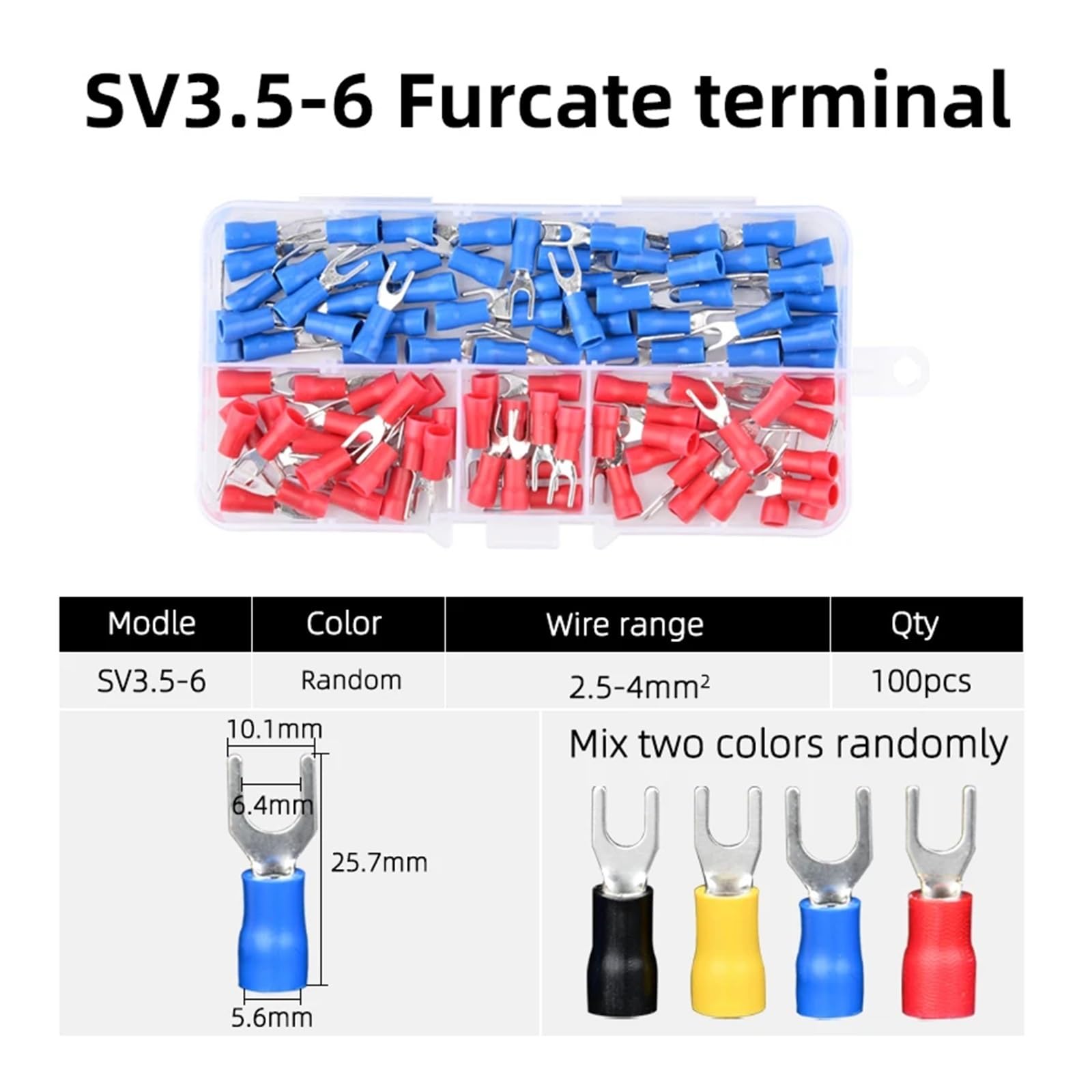 DVNXDPXJ 100pcs SV Bifurcated Pre-Insulated Crimp Connector Pressed Terminal SV5.5-8 Cable Fork Spade Wire Pin End AWG22-10 Copper (Color : SV3.5-6)