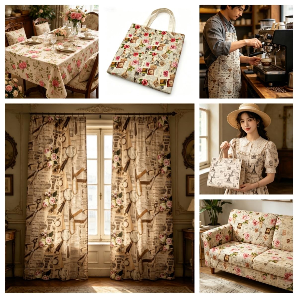 Tkanina w stylu vintage, kwiatowa, z nadrukiem, na metry, z nadrukiem, dekoracyjna, styl gazety, materiał do szycia, retro, kwiaty, róże, materiał z nadrukiem kwiatowym, do samodzielnego