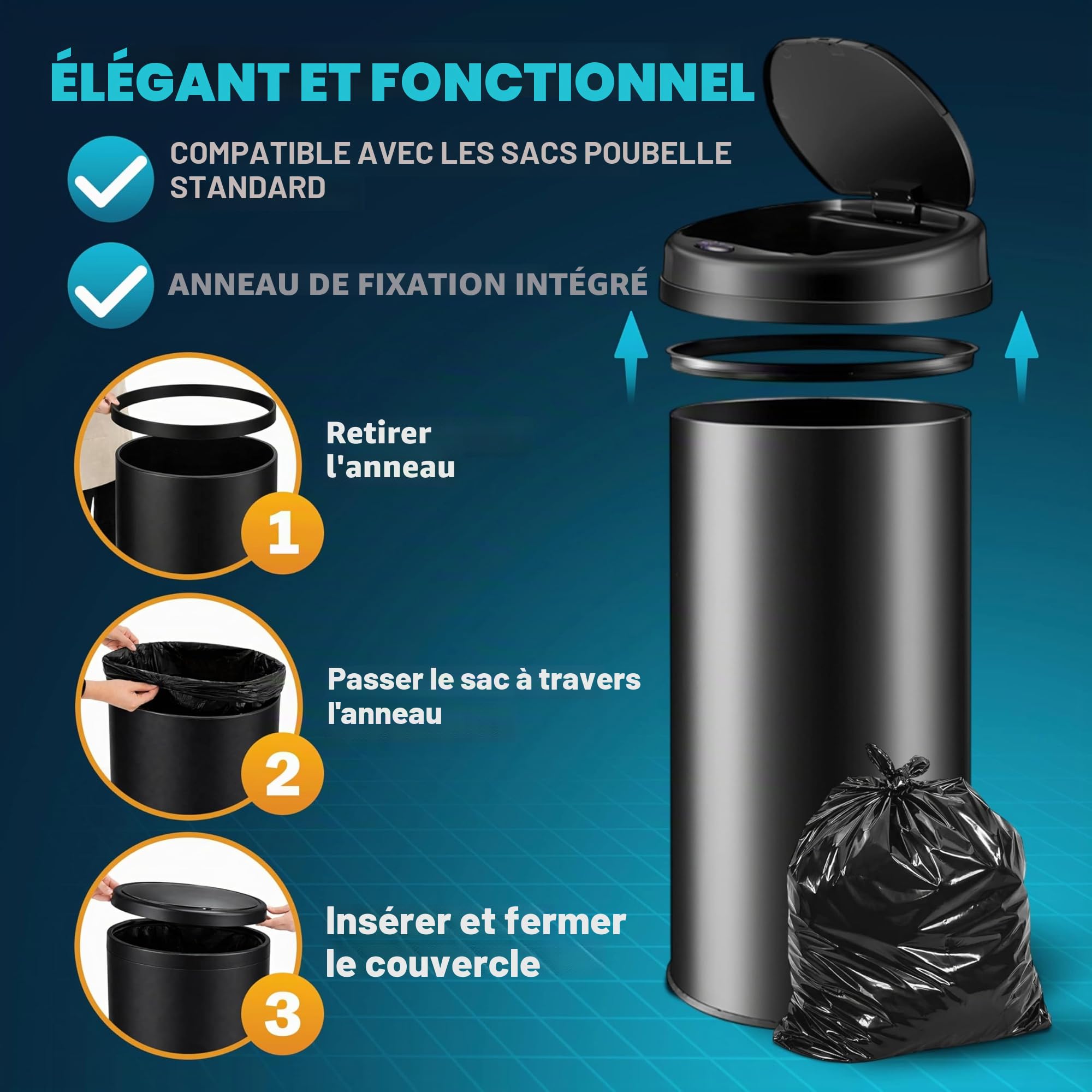 Poubelle automatique acier inoxydable 30L capteur mouvement imperméable sans contact LED USB noir