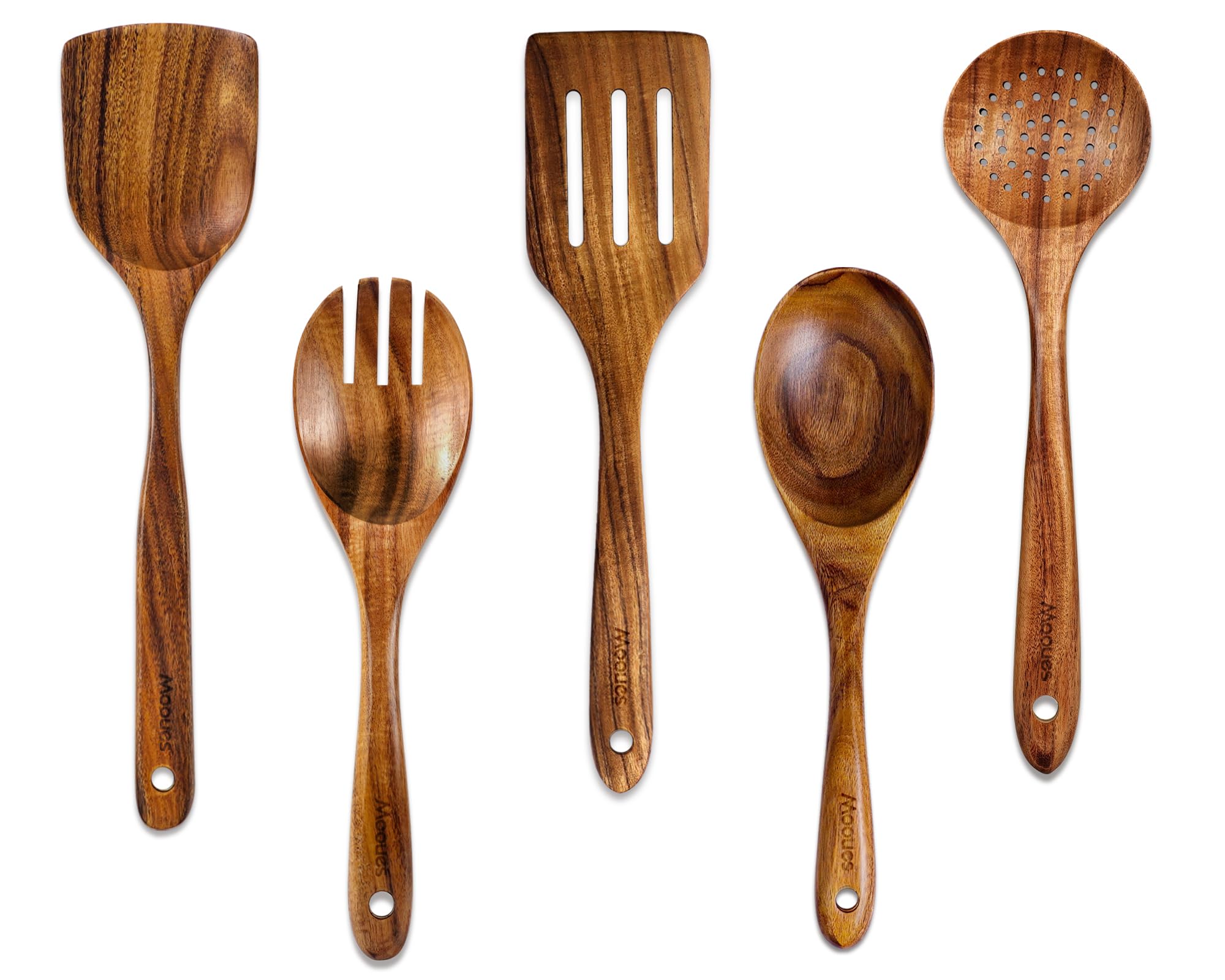 Wooden Spoons for Cooking, 5 Pcs Wooden Utensils for Cooking Natural Teak Wooden Kitchen Utensils Set