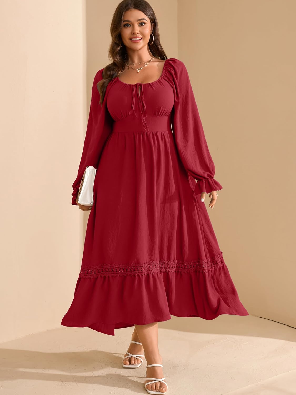 RWJ Women's Plus Size Fall Dresses Long Sleeve Square Neck Flowy Lace Trim Flutter Wedding Guest Party Casual Dress - Image 2