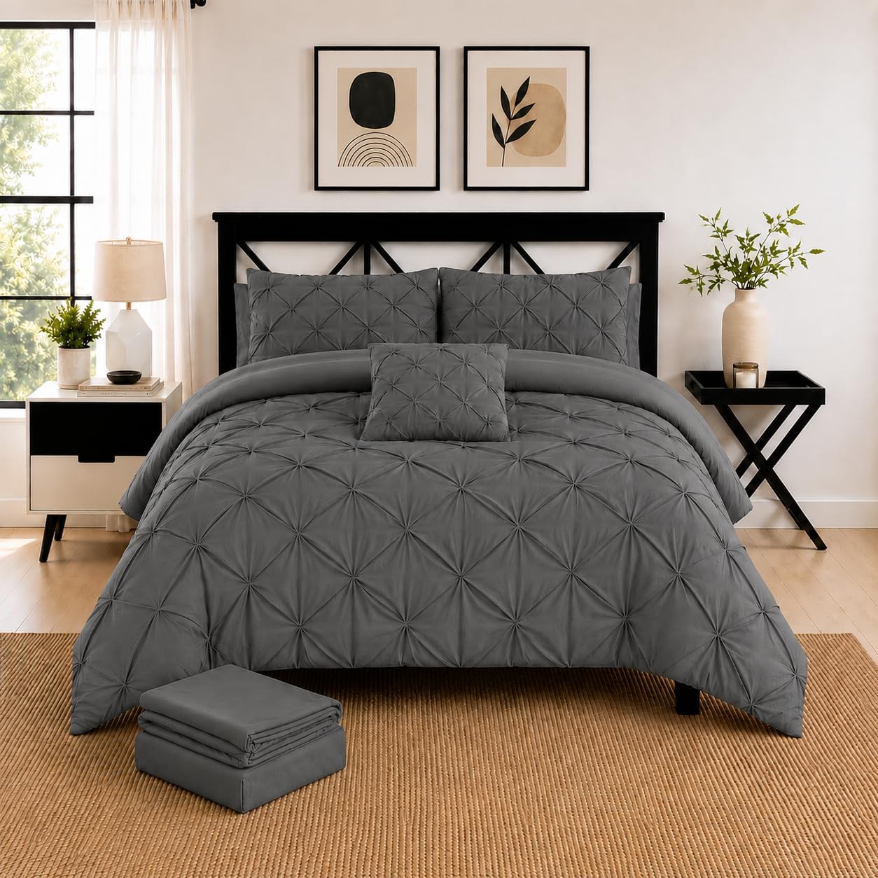 Pintuck Duvet Cover Set of 5 with Fitted Sheet (150x200) with 35cm deep pockets and 2 Pillow Cases Includes Complementary Cushion Cover– Set of 5 (Charcoal, King)