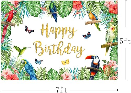 Miniatura 3 de MEHOFOND Telón de fondo de cumpleaños de pájaro tropical de 7 x 5 pies, hojas de palma de tucán de verano, purpurina dorada, pancarta de feliz