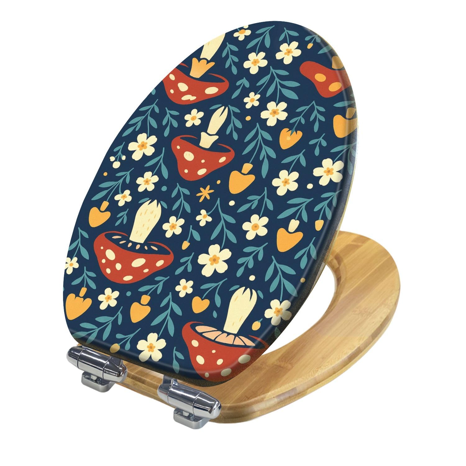 Copriwater Cottagecore, Sedile Allungato In Legno con Funghi Colorati, Fiori, Erbe Aromatiche, Design Retrò Da Foresta, Facile Da Installare, Chiusura Silenziosa, Cerniere A Sgancio Rapido,
