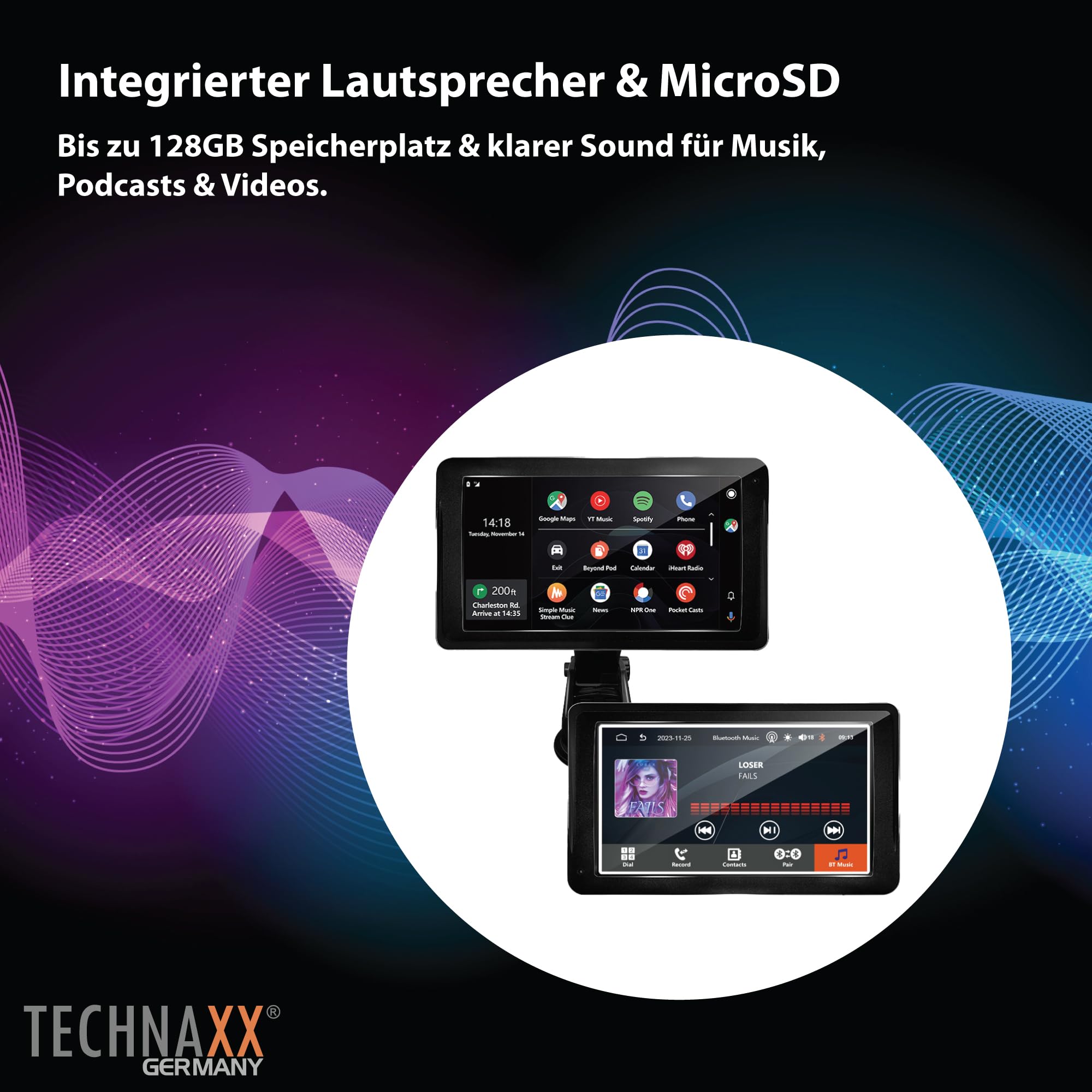 Technaxx Wireless Car Play & Android Auto Display 7" TX-320 mit Bluetooth 5.0, FM-Transmitter, AUX-Ausgang, eingebautem Lautsprecher, MicroSD-Steckplatz, Armaturenbrett-/Windschutzscheibenhalterung