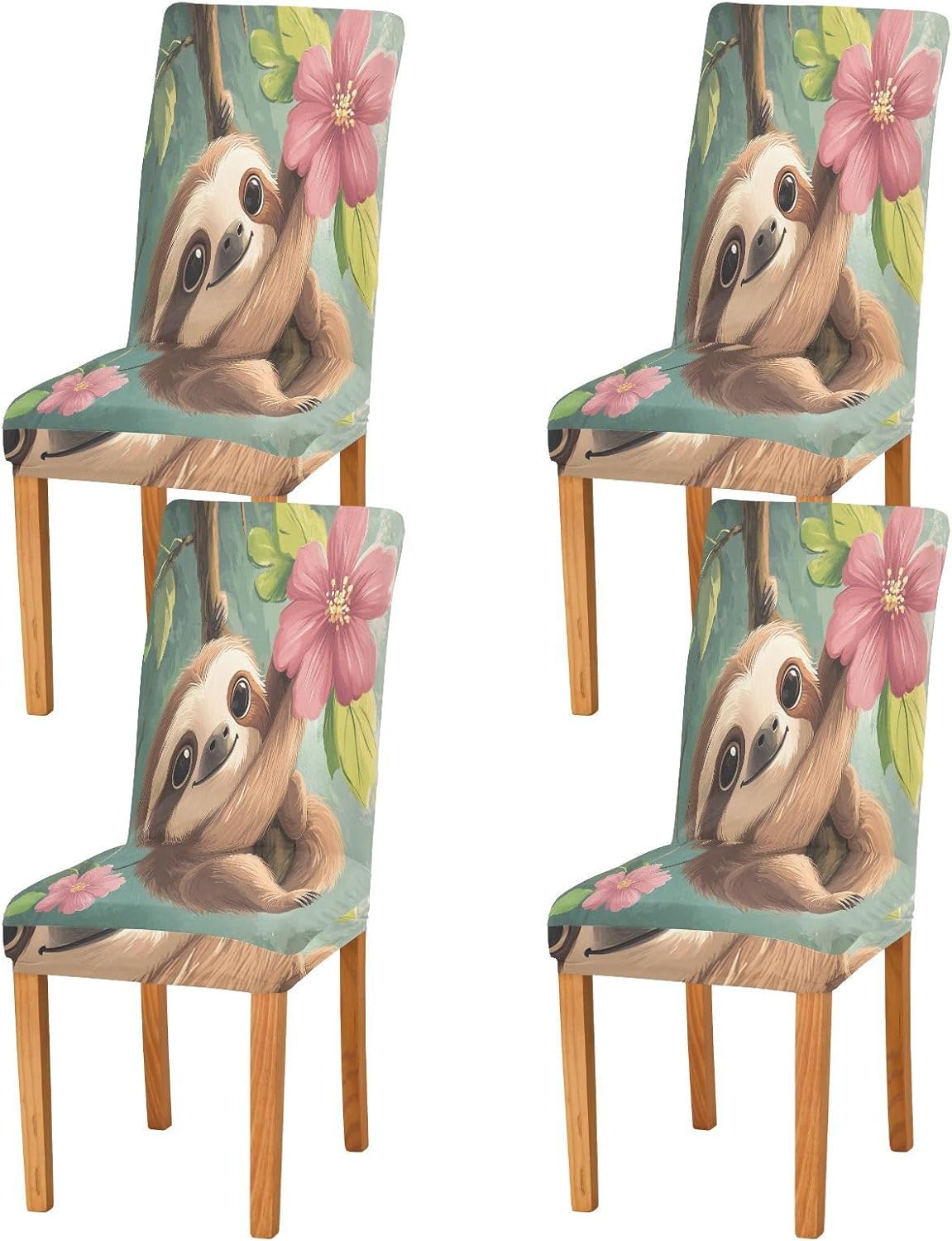 ALAZA Chair Covers for Dining Room, Cartoon Sloth with Flower Tree Stretch Chair Cover Sets Chair Protector Removable Washable for Ktichen Restaurant Hotel