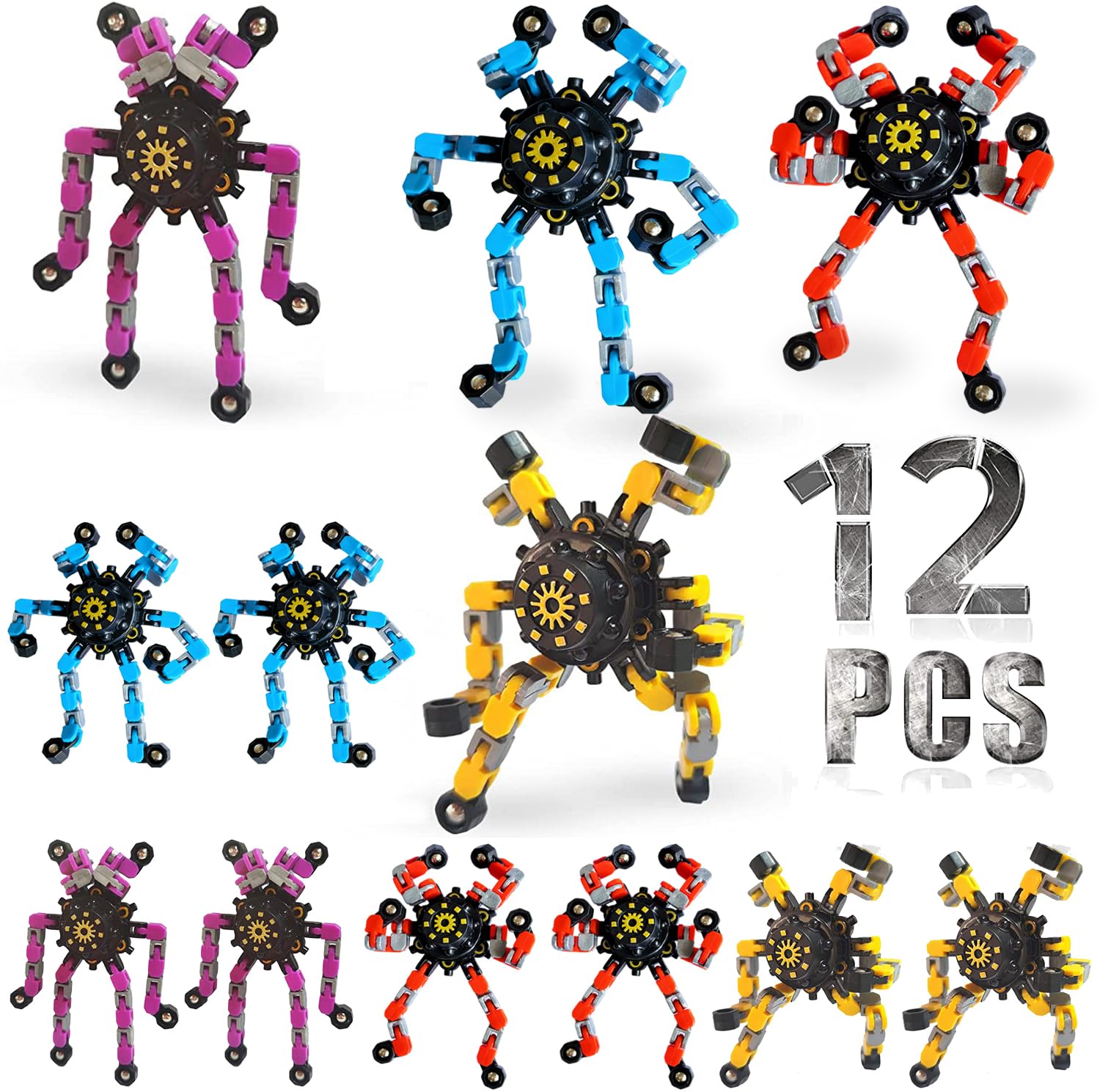 12 Pack Funny Sensory Fidget Toys,Deformable Chain DIY Robot Spinners Fingertip Stress Relief Gyro Toy Birthday Gifts Easter Basket Goodie Bag Stuffers Classroom Prizes Party Favors for Kids Adults