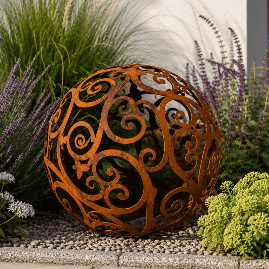 Terma Rost Kugel 40 cm Barock filigran Handmade Germany Gartenfigur groß Metallfigur edelrost Garten Deko Outdoor deko Metall Kugeln Vintage gartendeko rostoptik dekokugel gartenkugel