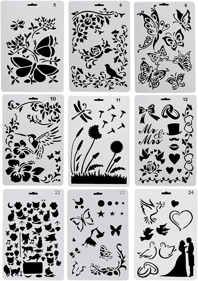 NouveLife Set of 9 Animal/Insect/Bird/Butterfly Painting Stencils 26 x 17.5cm, Soft and Reusable for DIY Projects, Birthday Cards, Scrapbooking and Other Wall Decorations