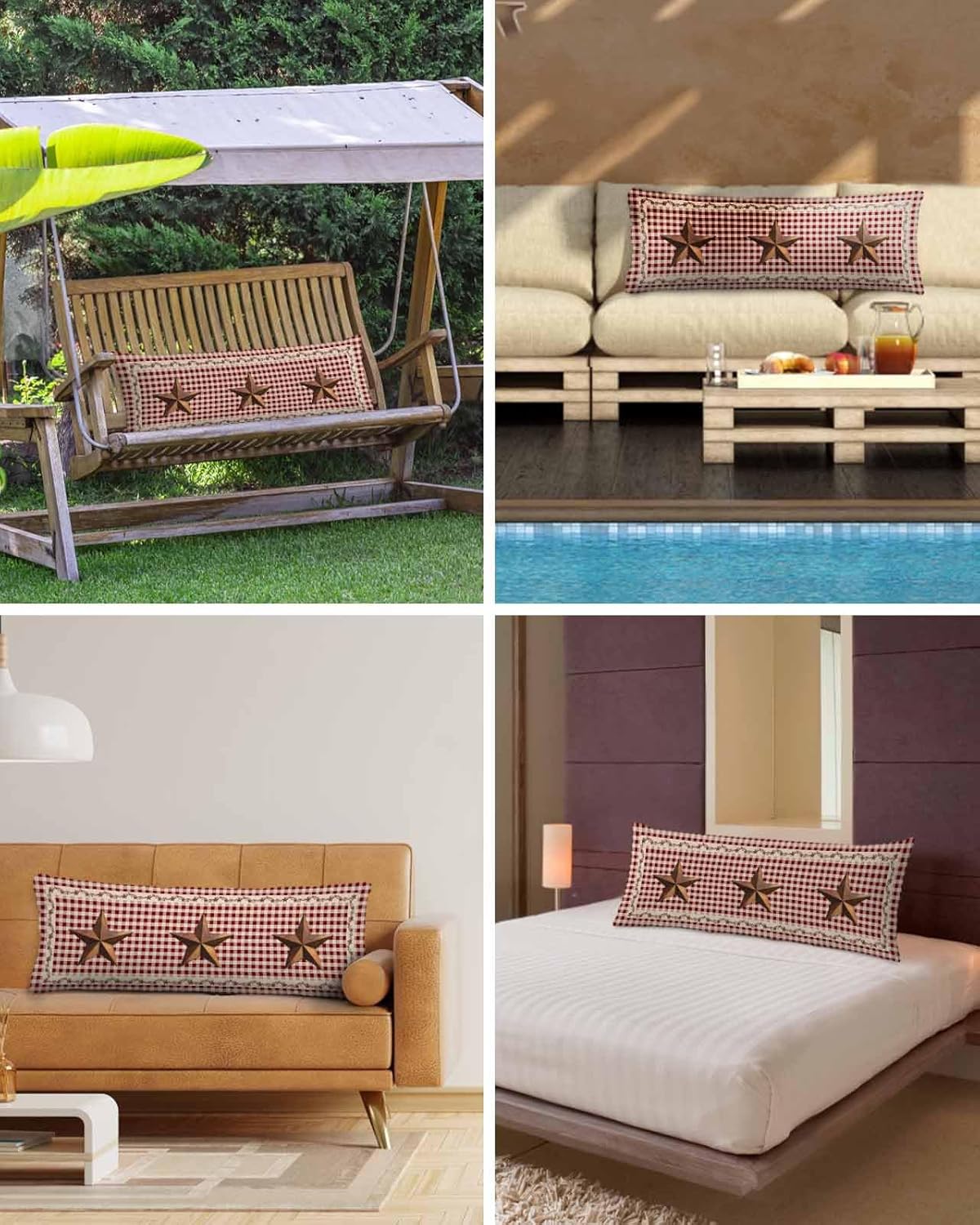 Brown Western Texas Star Vintage Body Pillow Cover 20 x 60 Inch Decorative Pillow Cover Rustic Farmhouse Red Plaid Lumbar Pillowcase Seasonal Rectangle Cushion Case for Couch Sofa Bed Living Room
