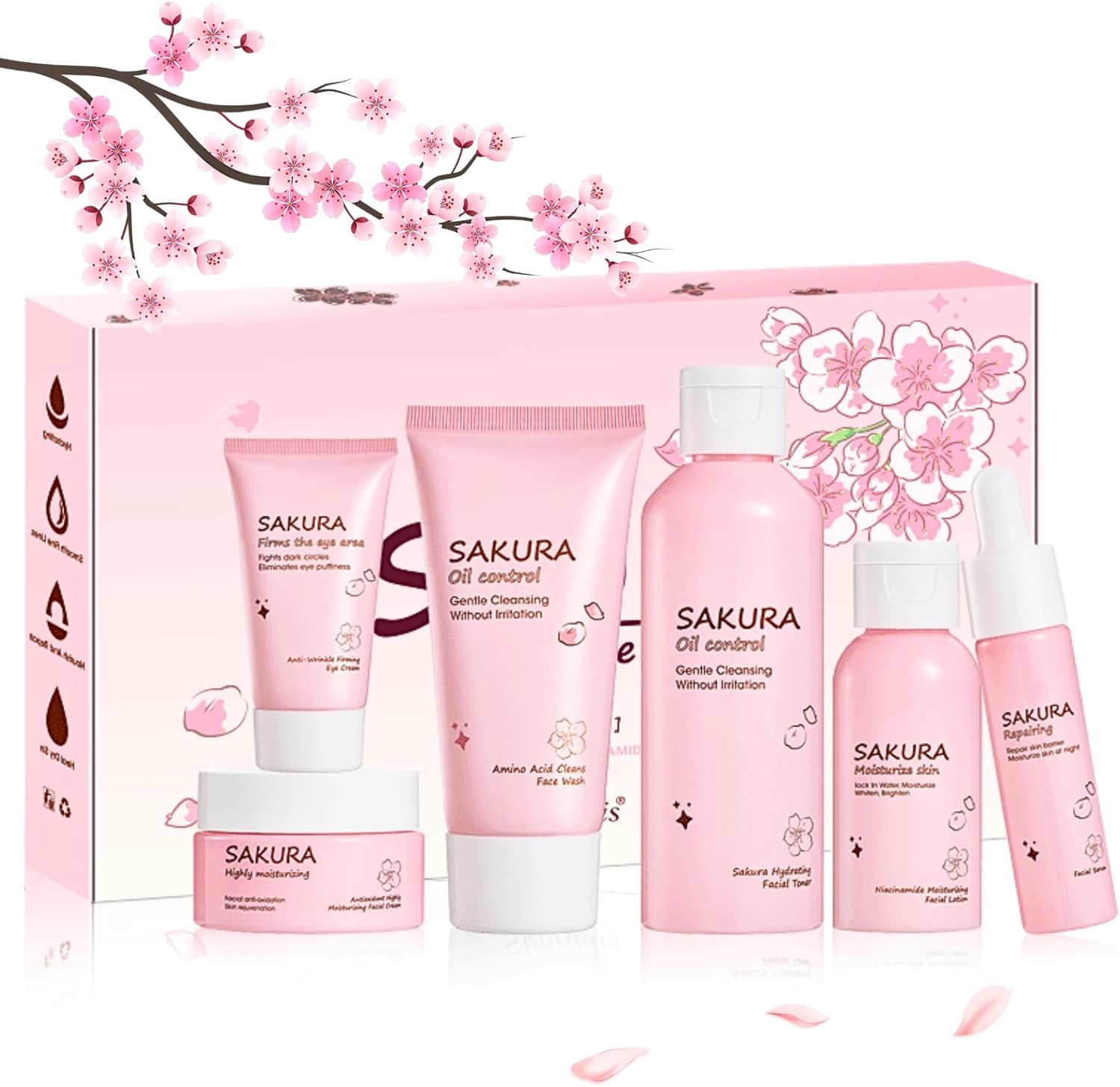 Skincare Set for Teenagers Girls, Cherry Blossom Skin Care Sets & Kits, Pamper Sets for Women Gifts, Girls Skincare Sets, Facial Kit, Cleanser&Toner&Serum&Lotion&Eye Cream&Moisturiser, 6PCS